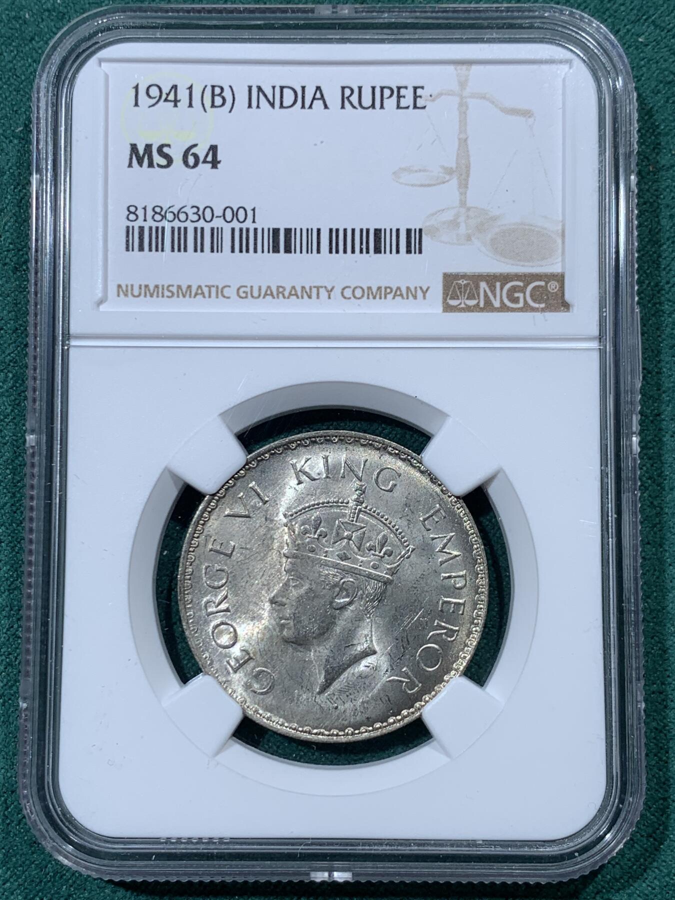 《竞宝斋》第335场 周日，周一 2场连拍 （全场包邮） NGC MS64 冠军分 英属印度1941年1卢比银币B版 乔治六世 原光卷拆转光品相 这个品种上64很难 冠军分值得收藏