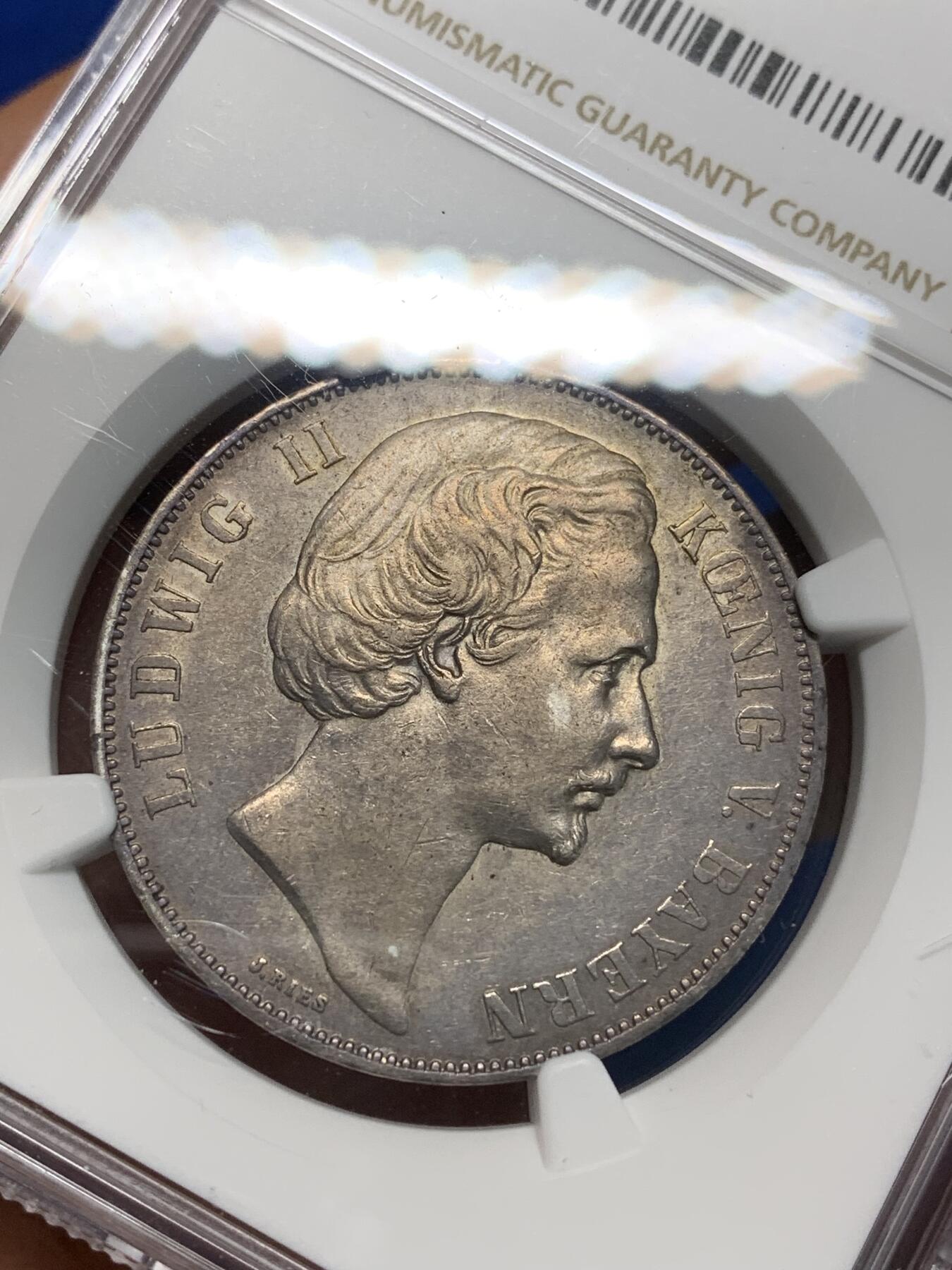 《竞宝斋》第335场 周日，周一 2场连拍 （全场包邮） NGC AU58 德国1871巴伐利亚胜利泰勒银币，币面细节到位，上海严评。