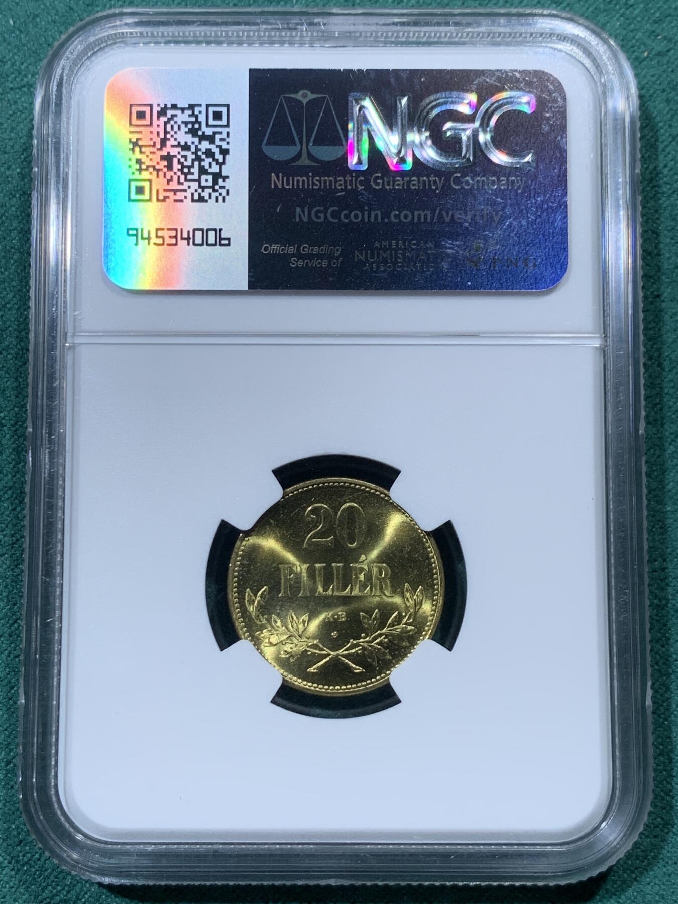 《竞宝斋》第335场 周日，周一 2场连拍 （全场包邮） NGC PF65 匈牙利 1922KB 20菲勒 后铸黄铜版 少见品种 保存极好 细节完全没毛病 喜欢的不要错过