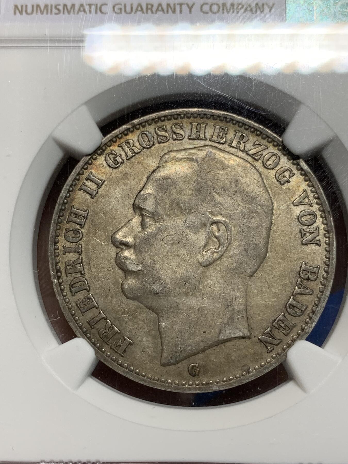 《竞宝斋》第335场 周日，周一 2场连拍 （全场包邮） NGC AU58 德国1912G巴登3马克银币，原味