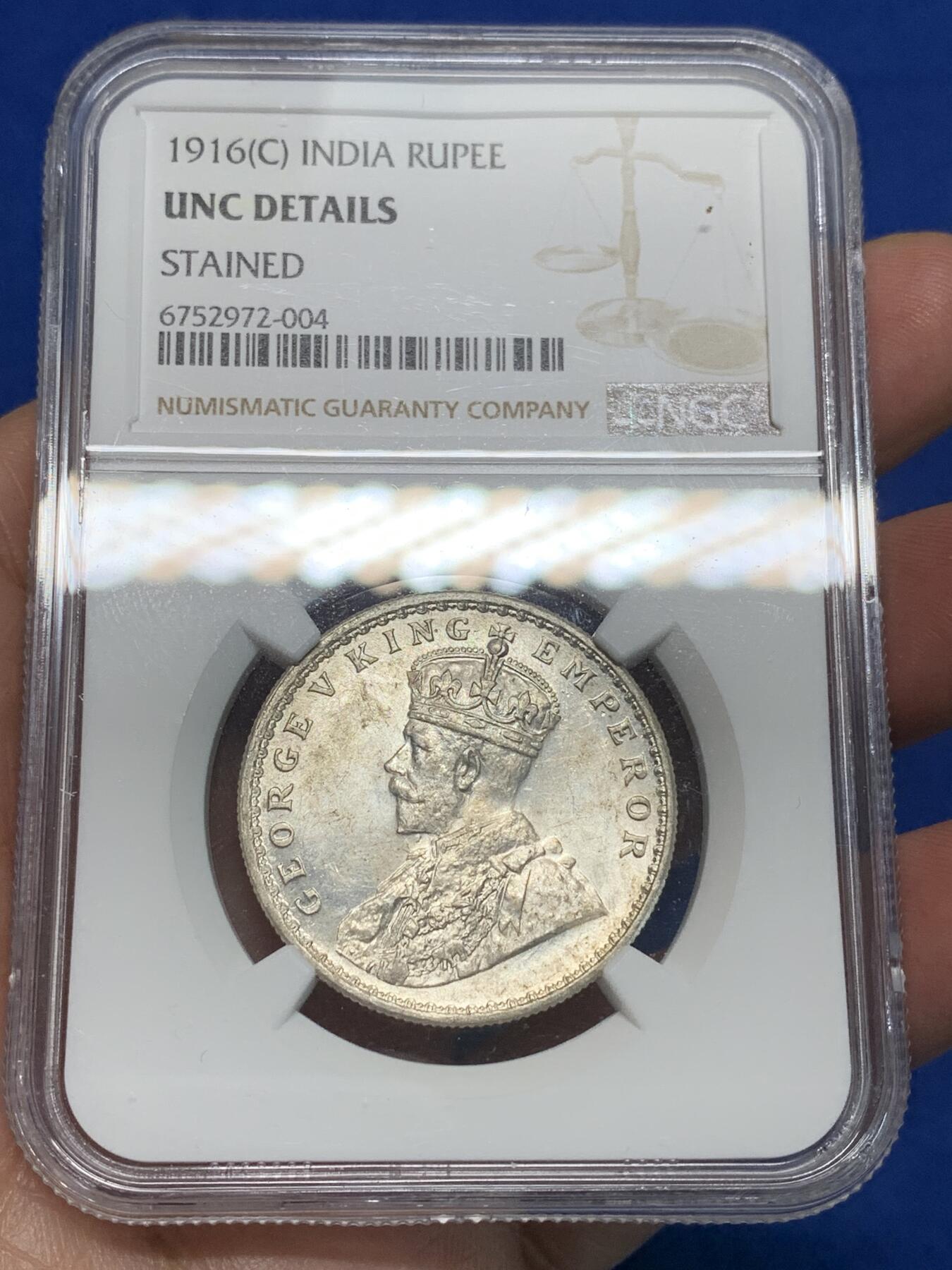 《竞宝斋》第335场 周日，周一 2场连拍 （全场包邮） NGC UNC 英属印度 1916-C版 乔五 1卢比 银币 状态不错