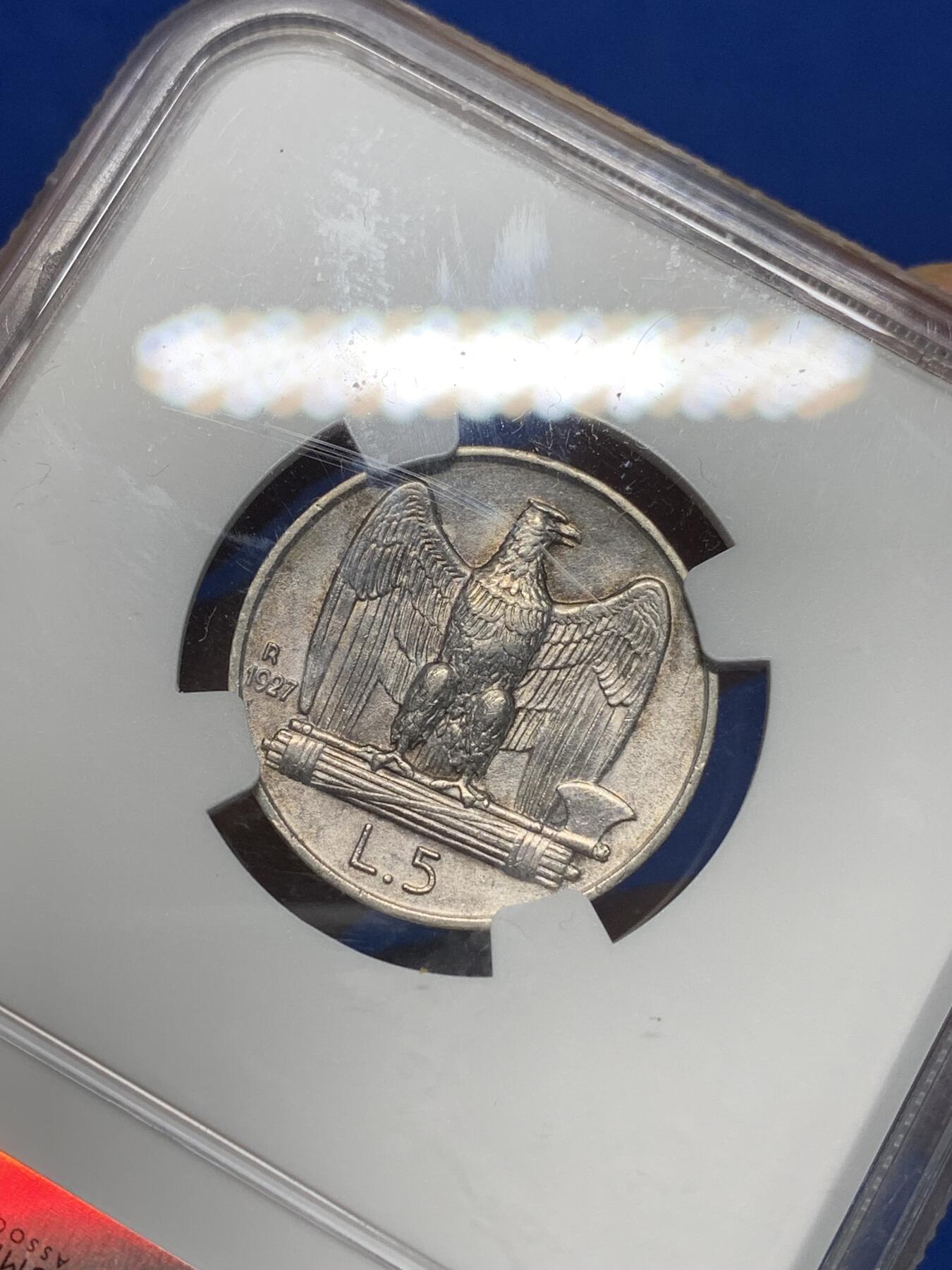 《竞宝斋》第335场 周日，周一 2场连拍 （全场包邮） NGC AUD 意大利 1927R 5L银币 淡环彩包浆