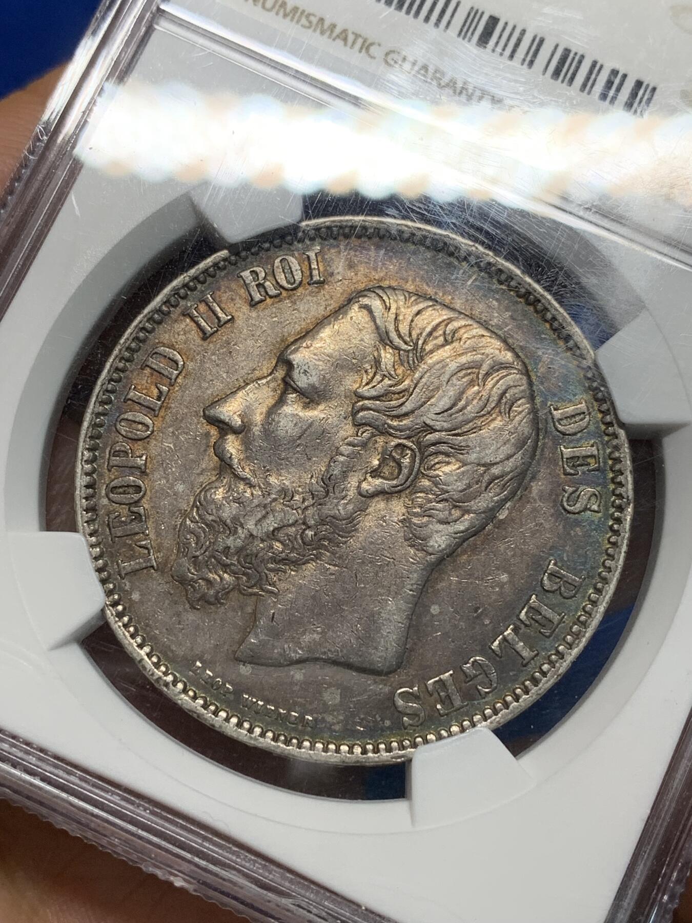 《竞宝斋》第335场 周日，周一 2场连拍 （全场包邮） NGC AU53 比利时 1869年 5法郎银币