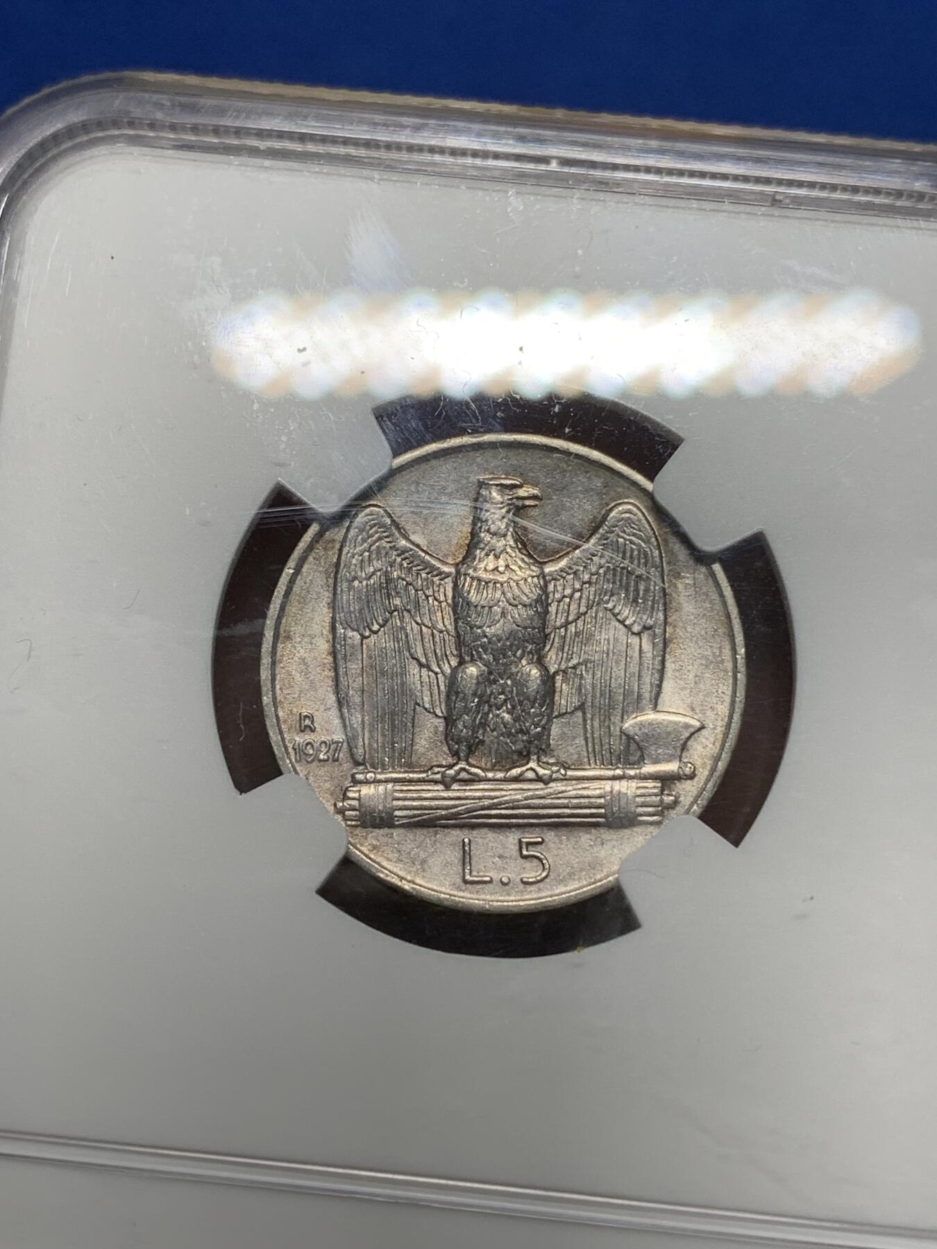 《竞宝斋》第335场 周日，周一 2场连拍 （全场包邮） NGC AUD 意大利 1927R 5L银币 淡环彩包浆