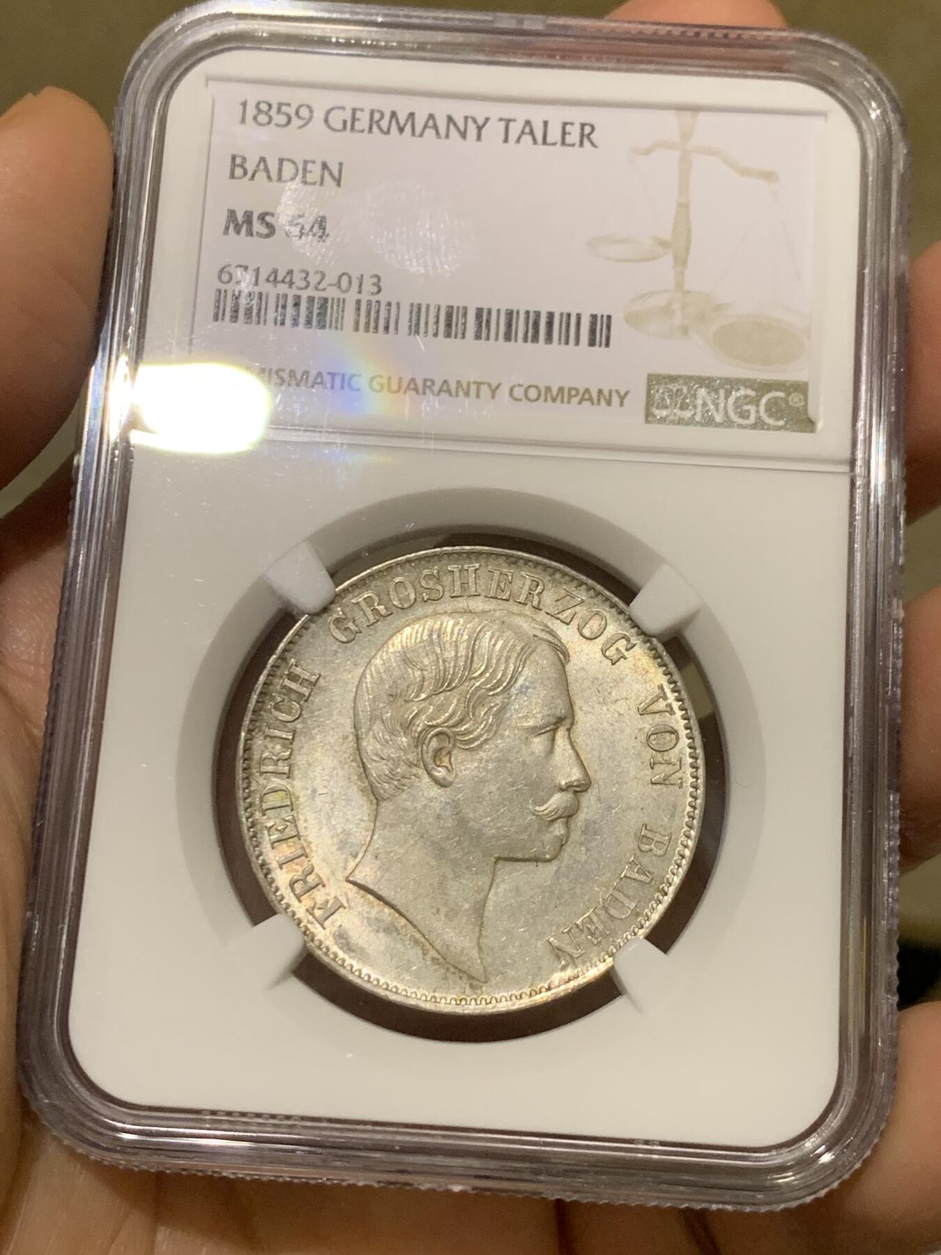 《竞宝斋》第335场 周日，周一 2场连拍 （全场包邮） 唯一冠军分 NGC MS64 德国 1859年 巴登1泰勒银币 经典小邦品种 高分难得