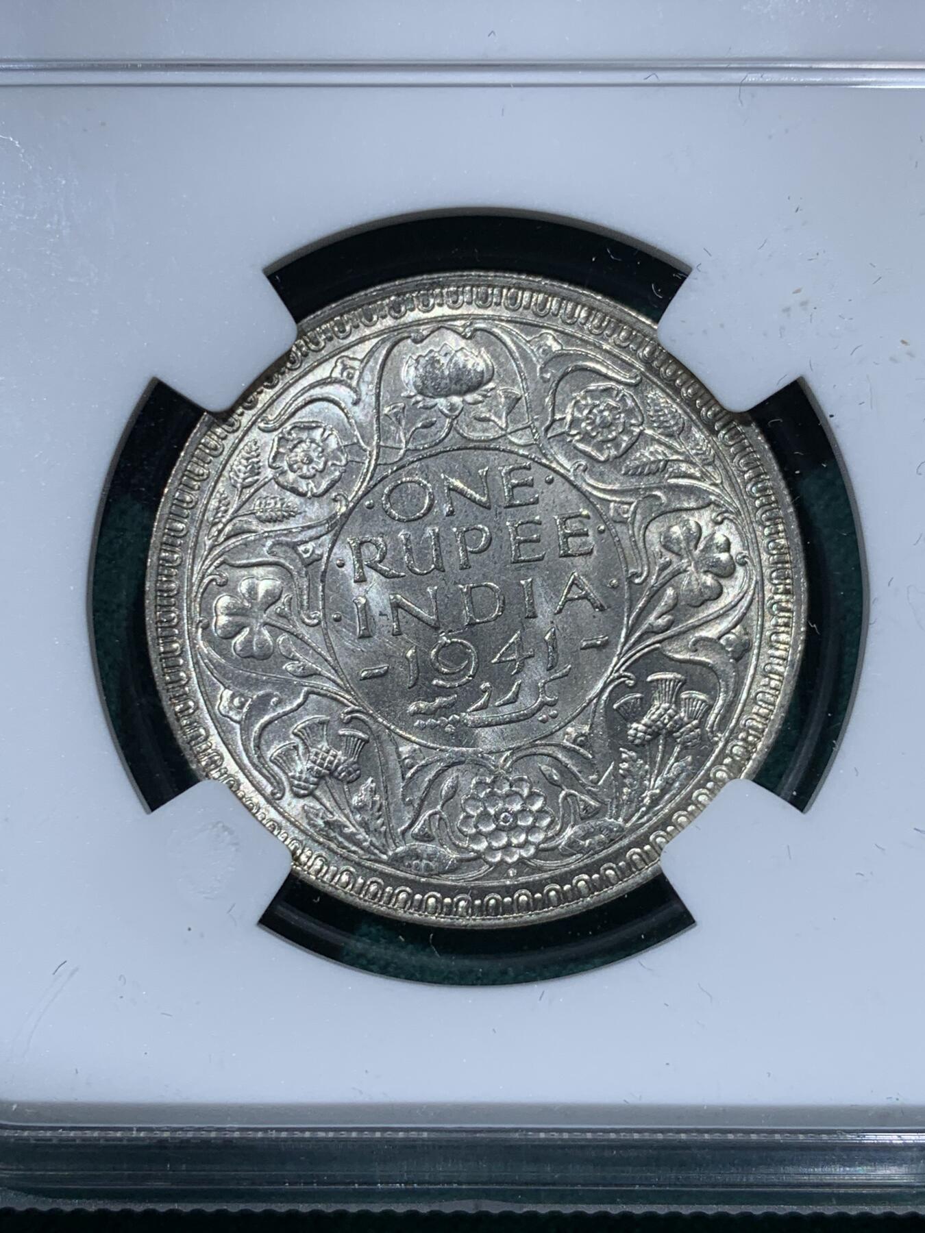 《竞宝斋》第335场 周日，周一 2场连拍 （全场包邮） NGC MS64 冠军分 英属印度1941年1卢比银币B版 乔治六世 原光卷拆转光品相 这个品种上64很难 冠军分值得收藏