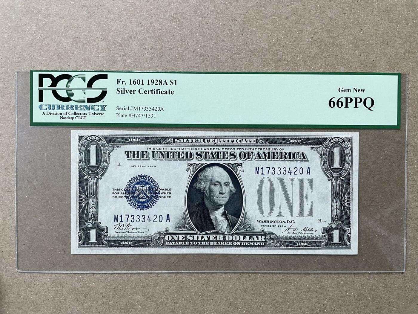 美国1928年A版1元白银券 PCGS66PPQ 大蓝库印 老背