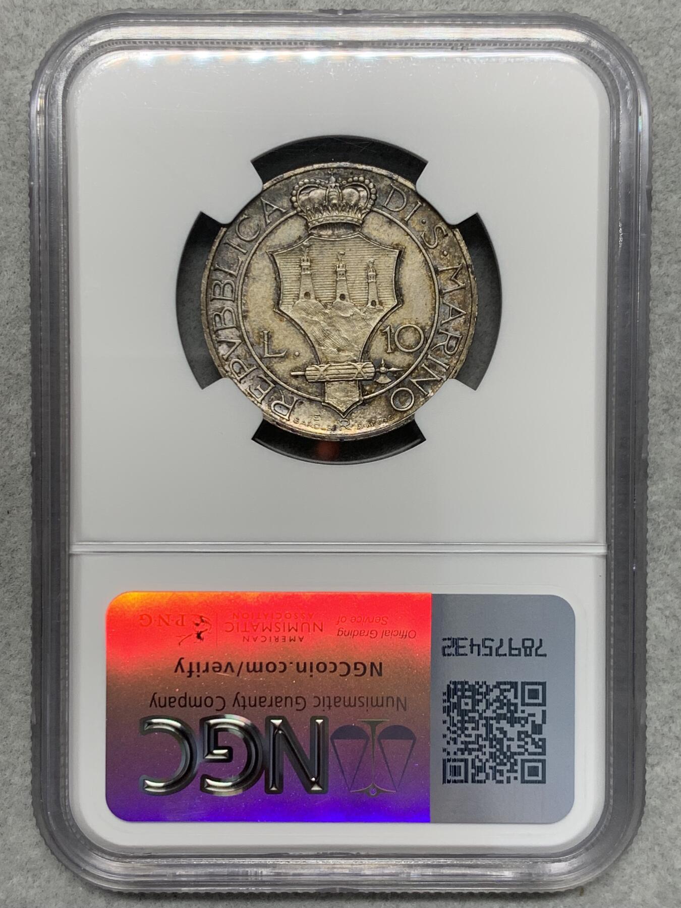 《竞宝斋》第335场 周日，周一 2场连拍 （全场包邮） NGC MS63 圣马力诺1932年10里拉银币