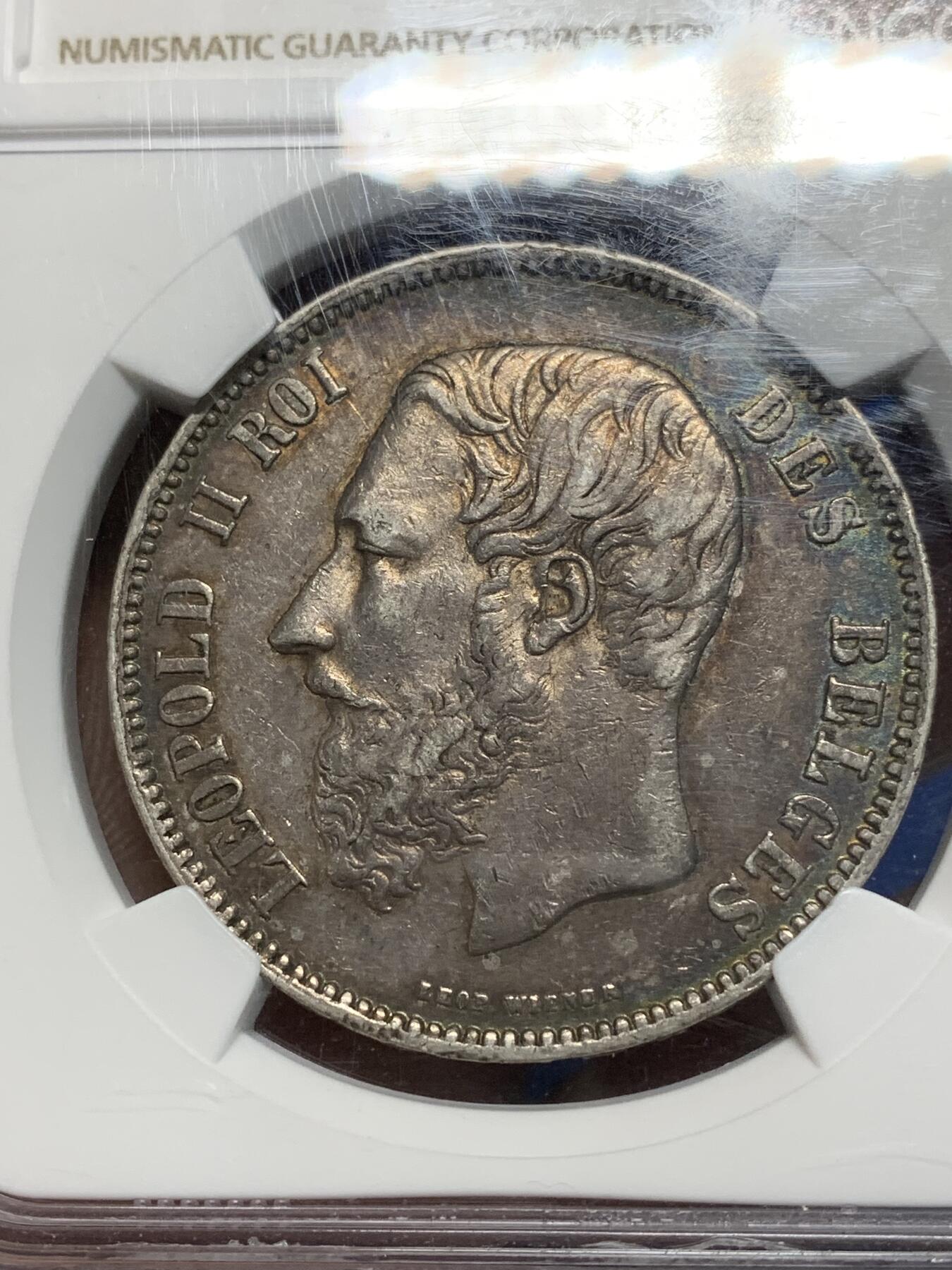 《竞宝斋》第335场 周日，周一 2场连拍 （全场包邮） NGC AU53 比利时 1869年 5法郎银币