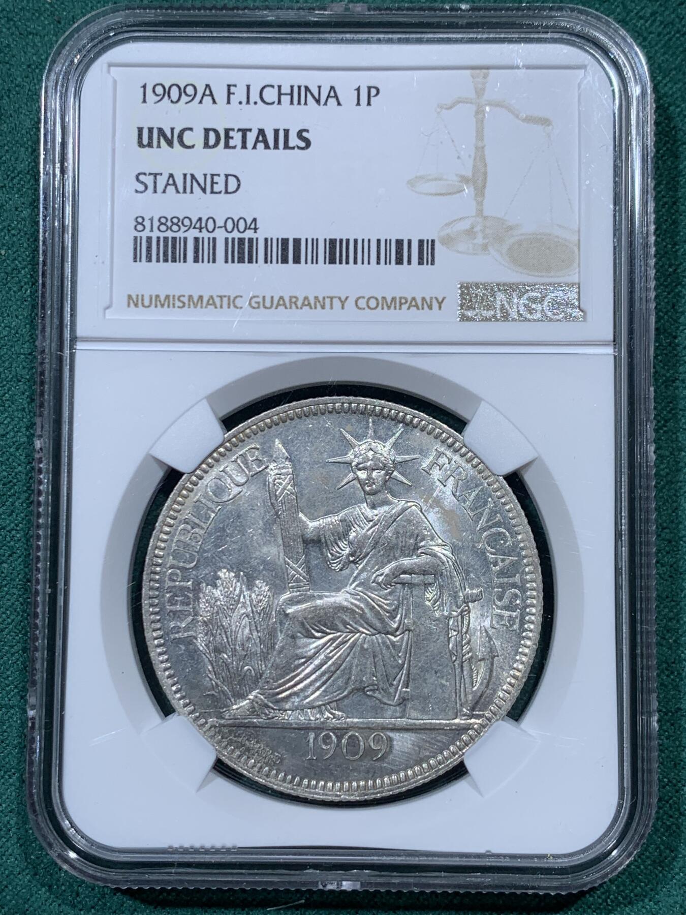 《竞宝斋》第335场 周日，周一 2场连拍 （全场包邮） NGC UNCD 法属印支1909年坐洋1皮阿斯特银币 脸部清晰 底板深打 非常好的状态