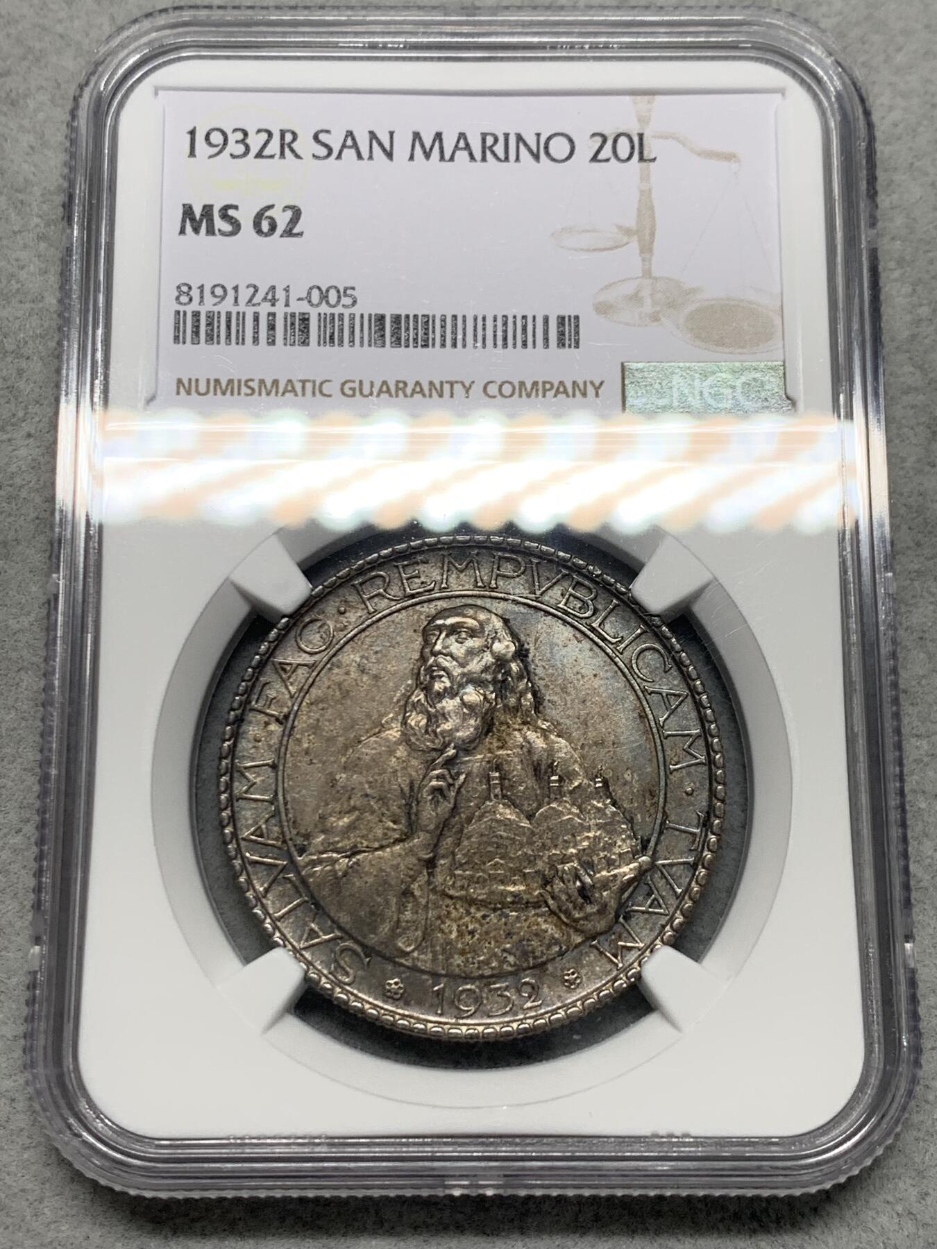 《竞宝斋》第335场 周日，周一 2场连拍 （全场包邮） NGC MS62 圣马力诺1932年20里拉银币