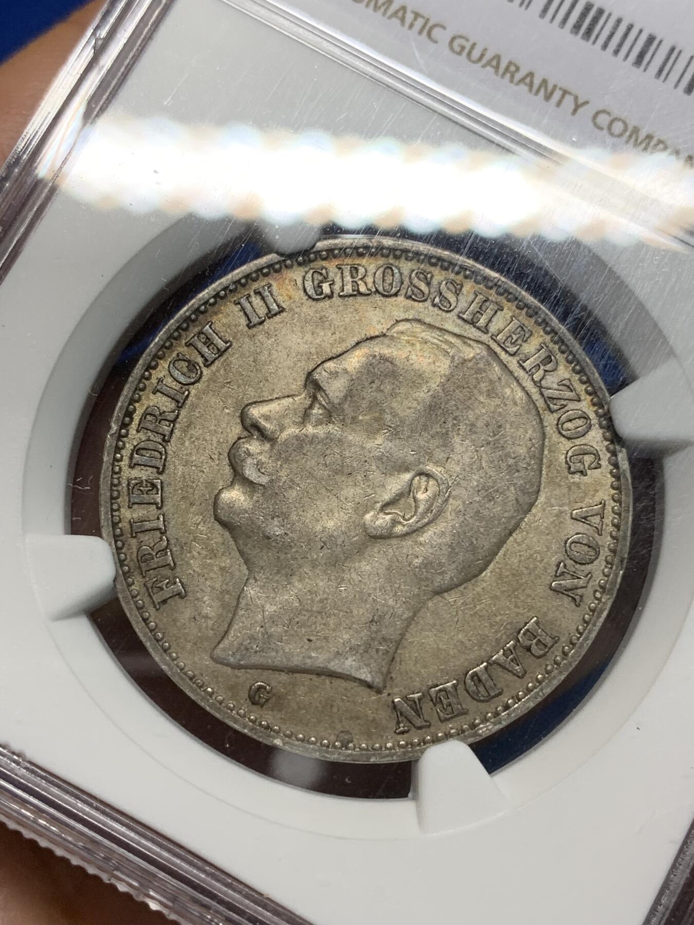 《竞宝斋》第335场 周日，周一 2场连拍 （全场包邮） NGC AU58 德国1912G巴登3马克银币，原味