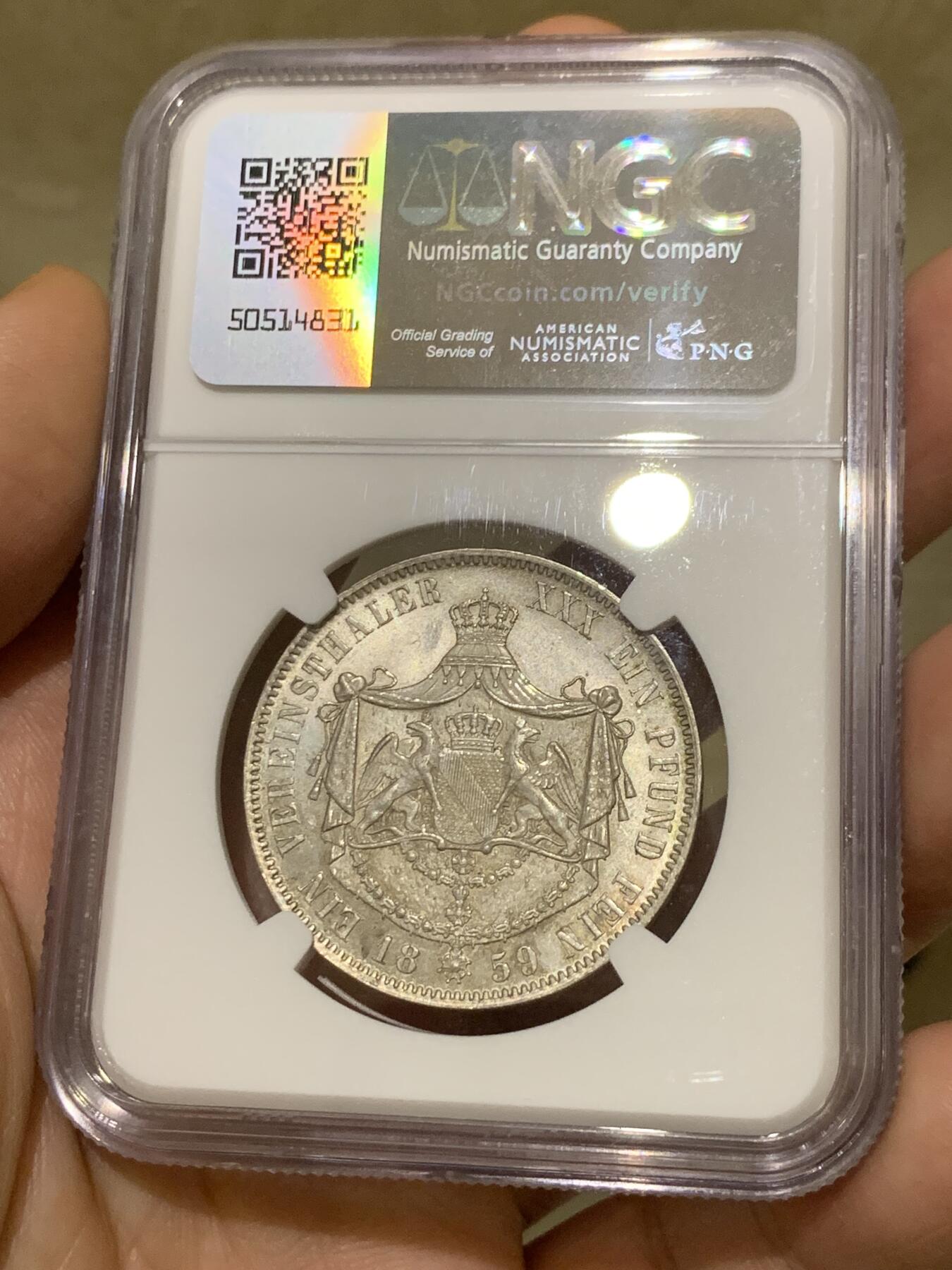 《竞宝斋》第335场 周日，周一 2场连拍 （全场包邮） 唯一冠军分 NGC MS64 德国 1859年 巴登1泰勒银币 经典小邦品种 高分难得