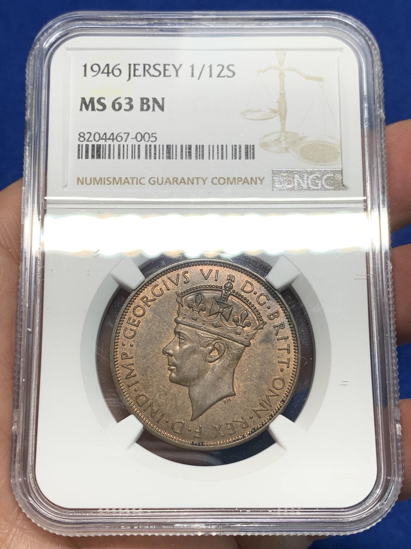 《竞宝斋》第335场 周日，周一 2场连拍 （全场包邮） NGC MS63BN 1947泽西1/12先令铜币 大铜币保存不易 铜色醇厚 图案精美 适合自藏