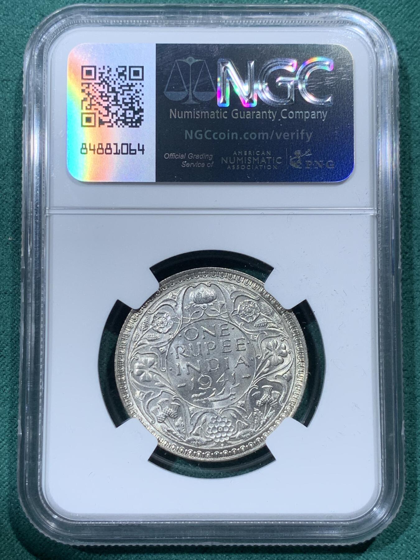 《竞宝斋》第335场 周日，周一 2场连拍 （全场包邮） NGC MS64 冠军分 英属印度1941年1卢比银币B版 乔治六世 原光卷拆转光品相 这个品种上64很难 冠军分值得收藏