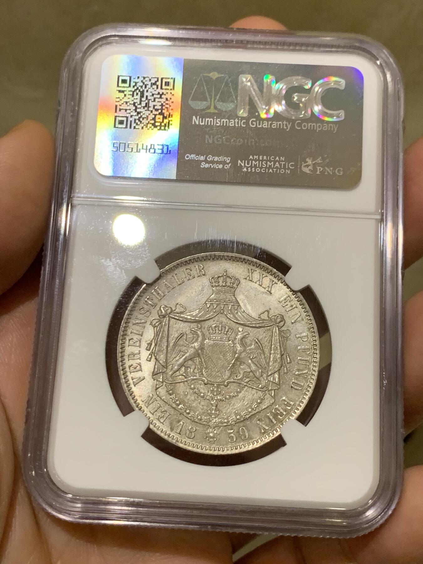 《竞宝斋》第335场 周日，周一 2场连拍 （全场包邮） 唯一冠军分 NGC MS64 德国 1859年 巴登1泰勒银币 经典小邦品种 高分难得