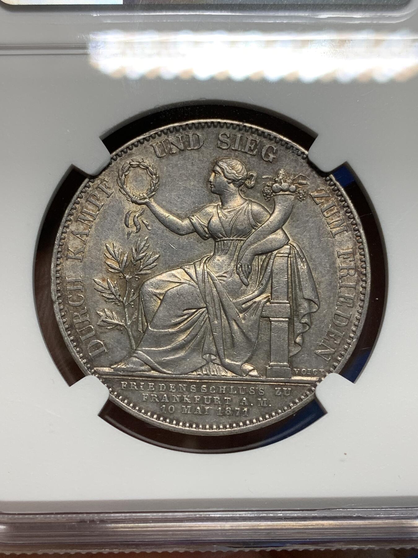 《竞宝斋》第335场 周日，周一 2场连拍 （全场包邮） NGC AU58 德国1871巴伐利亚胜利泰勒银币，币面细节到位，上海严评。