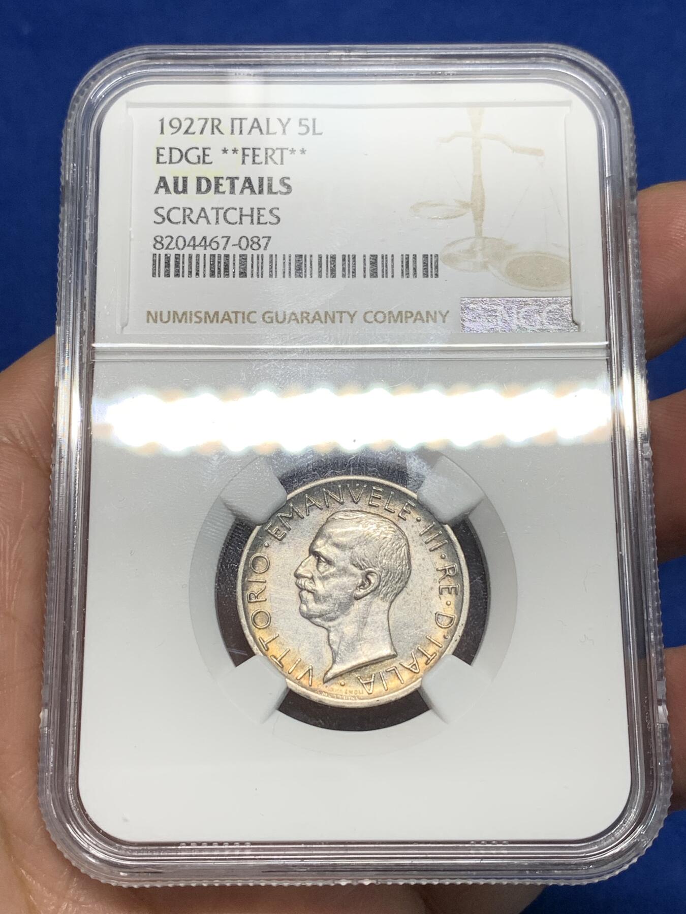 《竞宝斋》第335场 周日，周一 2场连拍 （全场包邮） NGC AUD 意大利 1927R 5L银币 淡环彩包浆