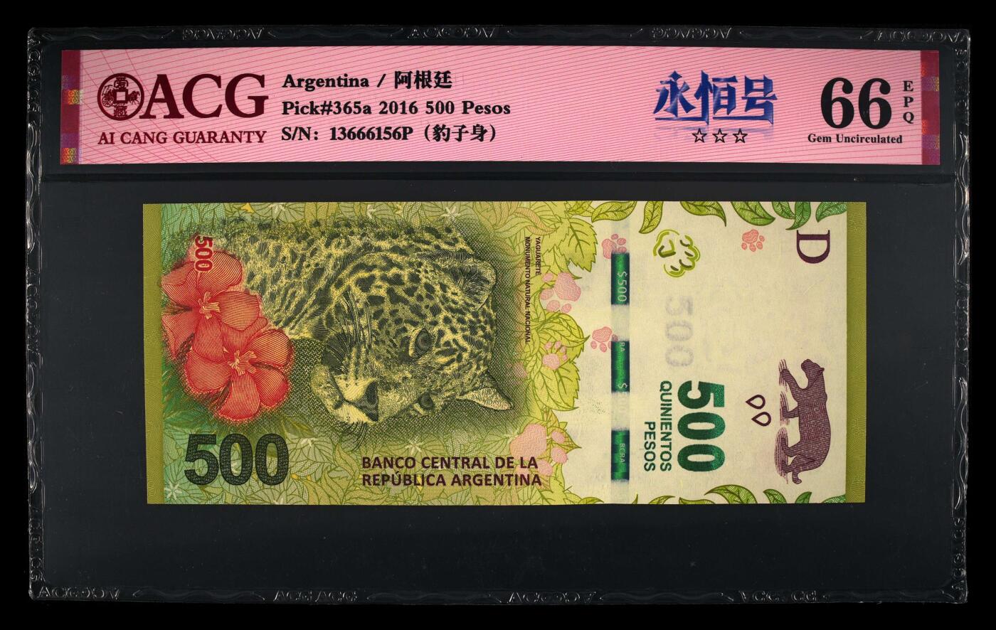 【海贤收藏阁】新店开业无佣金爱藏评级外币专场（全场除偏远单张包邮）第2期🎉 2016年阿根廷美洲豹500比索13666156P，豹子身，无47，尾6，爱藏评级67分epq