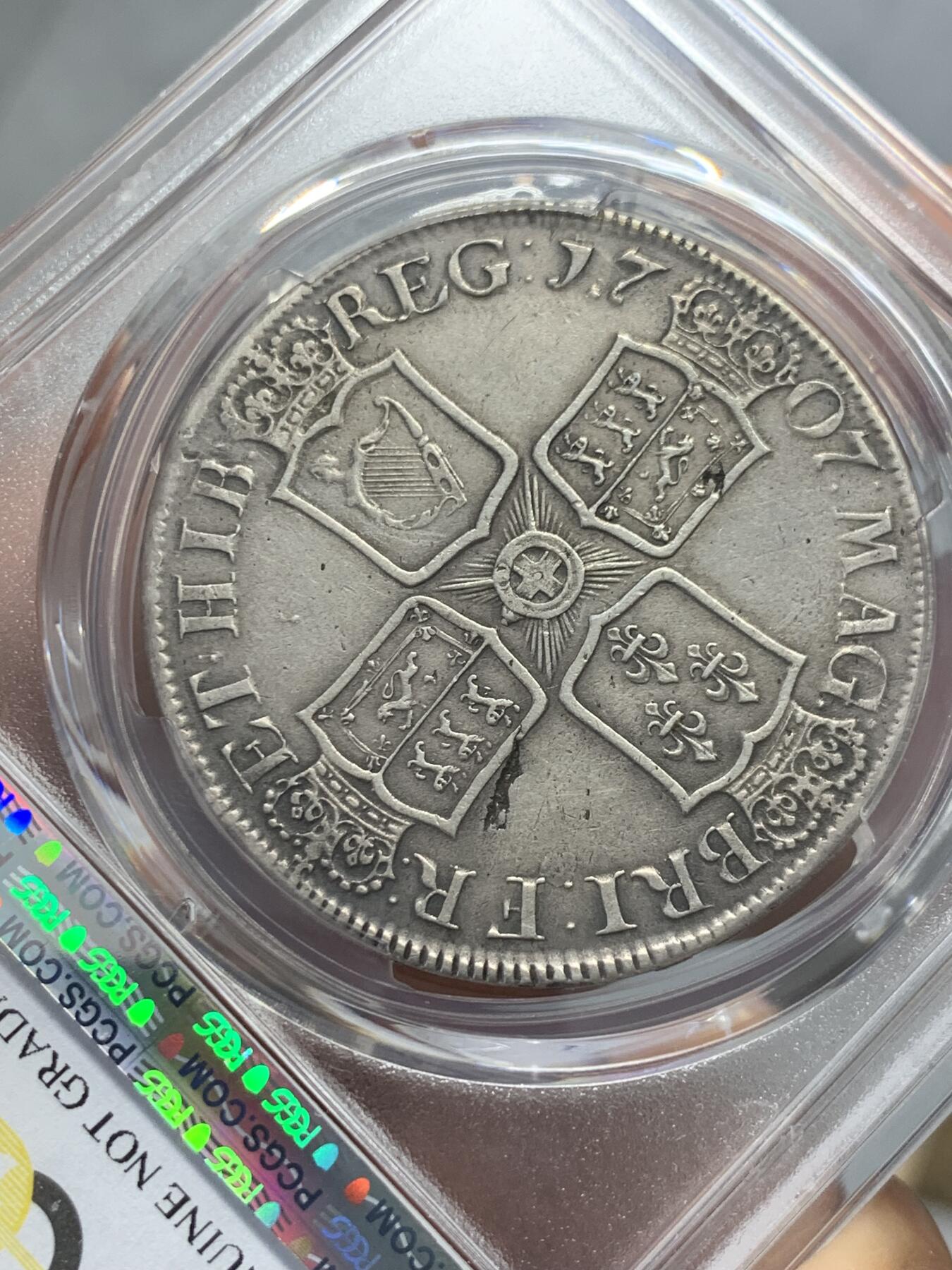 《竞宝斋》第336场 周日，周一 2场连拍 （全场包邮） PCGS XFD英国1707年安妮女王克朗，人像下字母E代表爱丁堡造币厂铸造，仅发行2年
