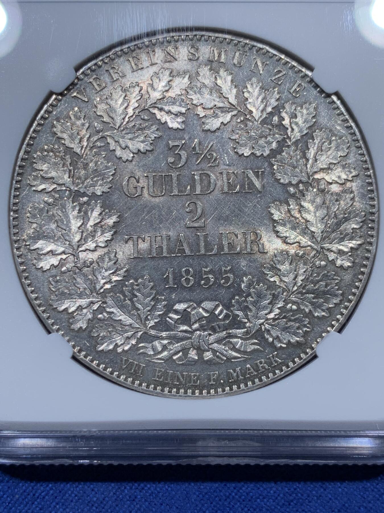 《竞宝斋》第336场 周日，周一 2场连拍 （全场包邮） 亚军分 NGC MS62 德国 1855年 符腾堡橡叶面值版 流通2泰勒 37克的大银币 状态非常好 更高分只有一枚