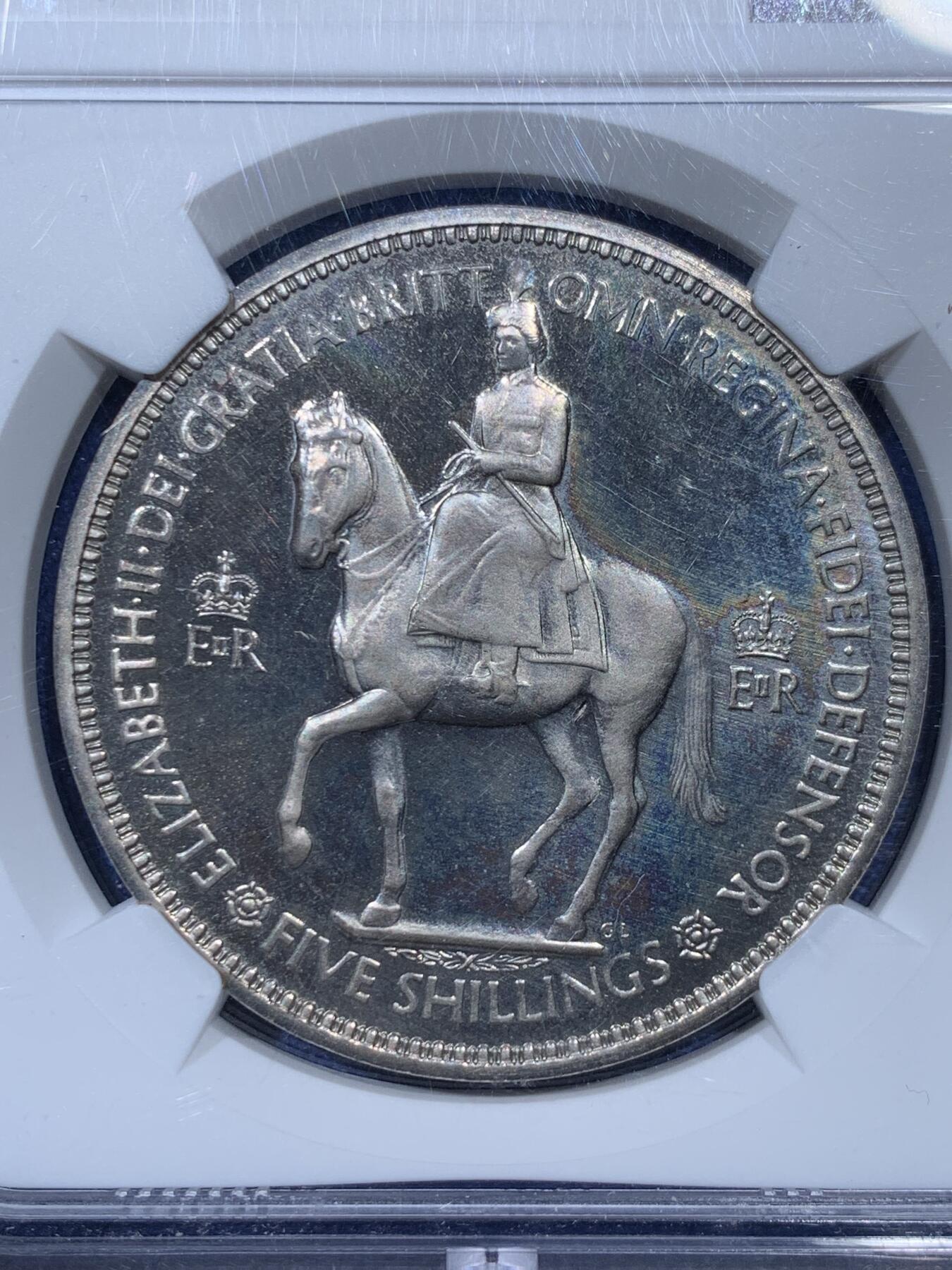 《竞宝斋》第336场 周日，周一 2场连拍 （全场包邮） NGC PF65CAMEO 英国1953年女王登基精制1克朗