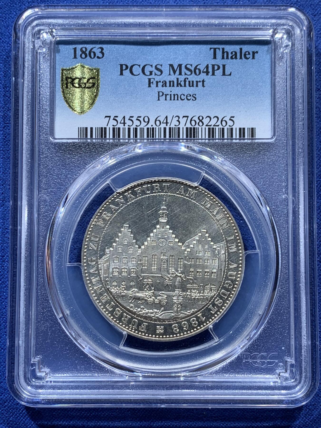 PCGS MS64PL 德国1863法兰克福王子议会泰勒银币PL底板状态极好