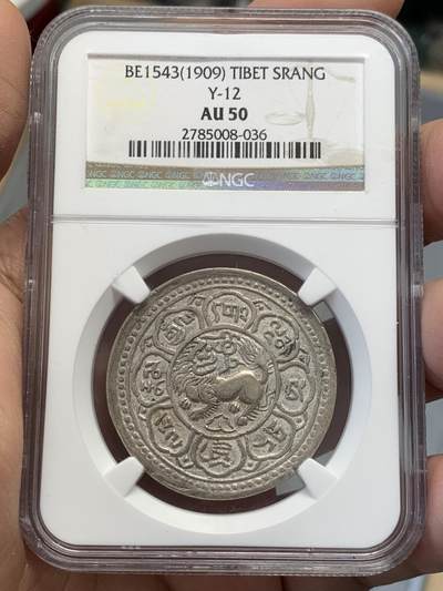 《竞宝斋》第336场 周日，周一 2场连拍 （全场包邮） - NGC AU50 中国西藏1909宣统元年大狮子桑康果木（一两银元） 细节很好 深打低评 藏币进阶名誉品种 盒子角上小磕
