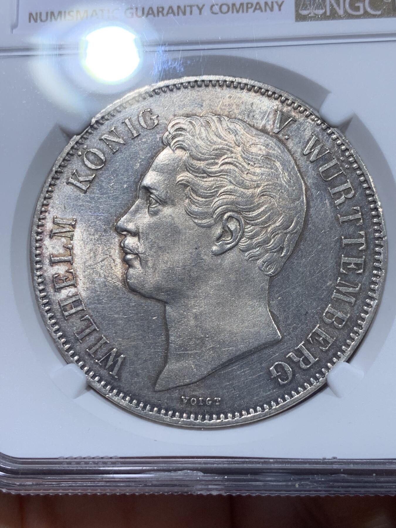 《竞宝斋》第336场 周日，周一 2场连拍 （全场包邮） 亚军分 NGC MS62 德国 1855年 符腾堡橡叶面值版 流通2泰勒 37克的大银币 状态非常好 更高分只有一枚