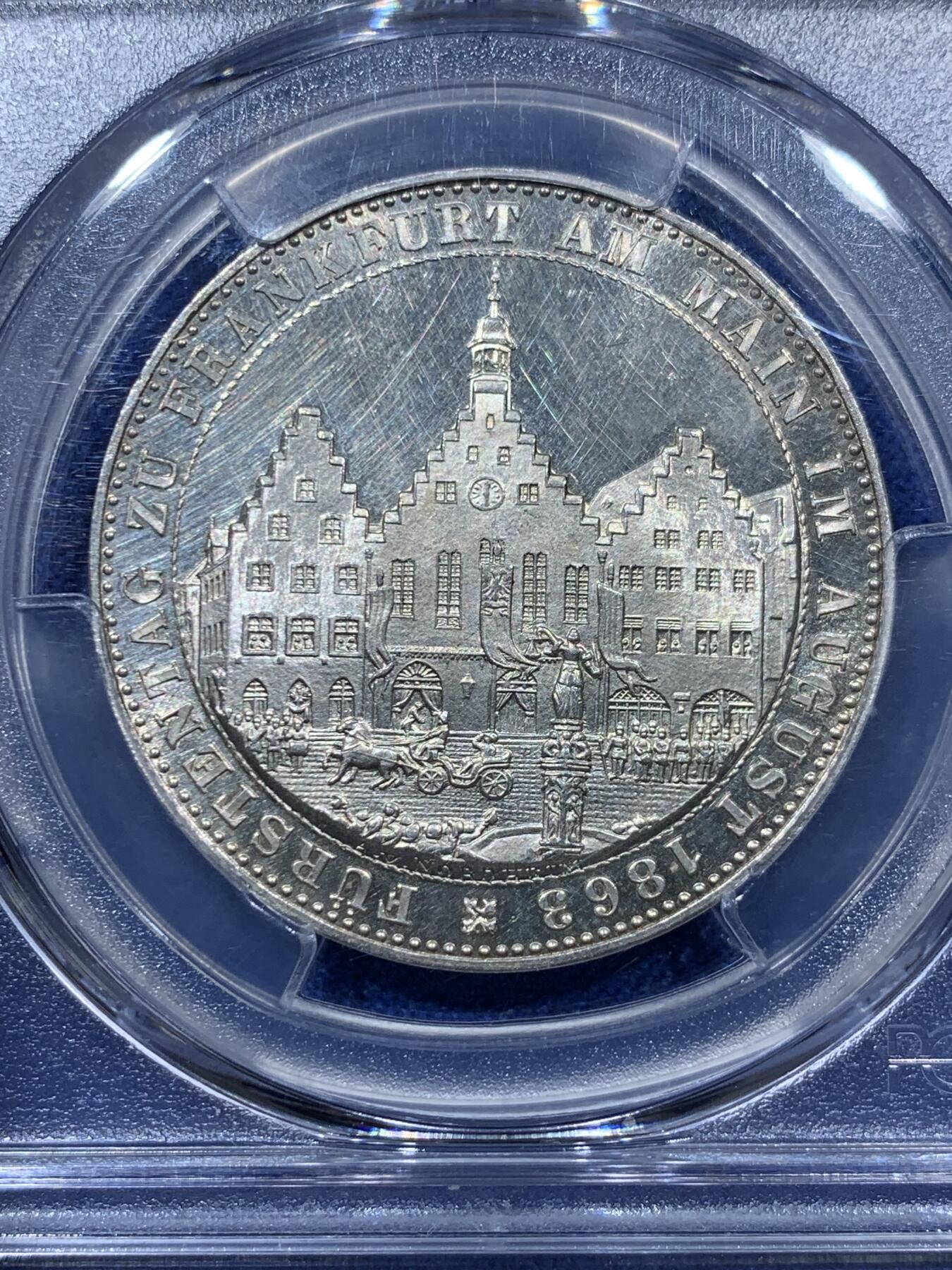 《竞宝斋》第336场 周日，周一 2场连拍 （全场包邮） PCGS MS64PL 德国1863法兰克福王子议会泰勒银币 PL底板状态极好 PCGS冠军分 难得一见