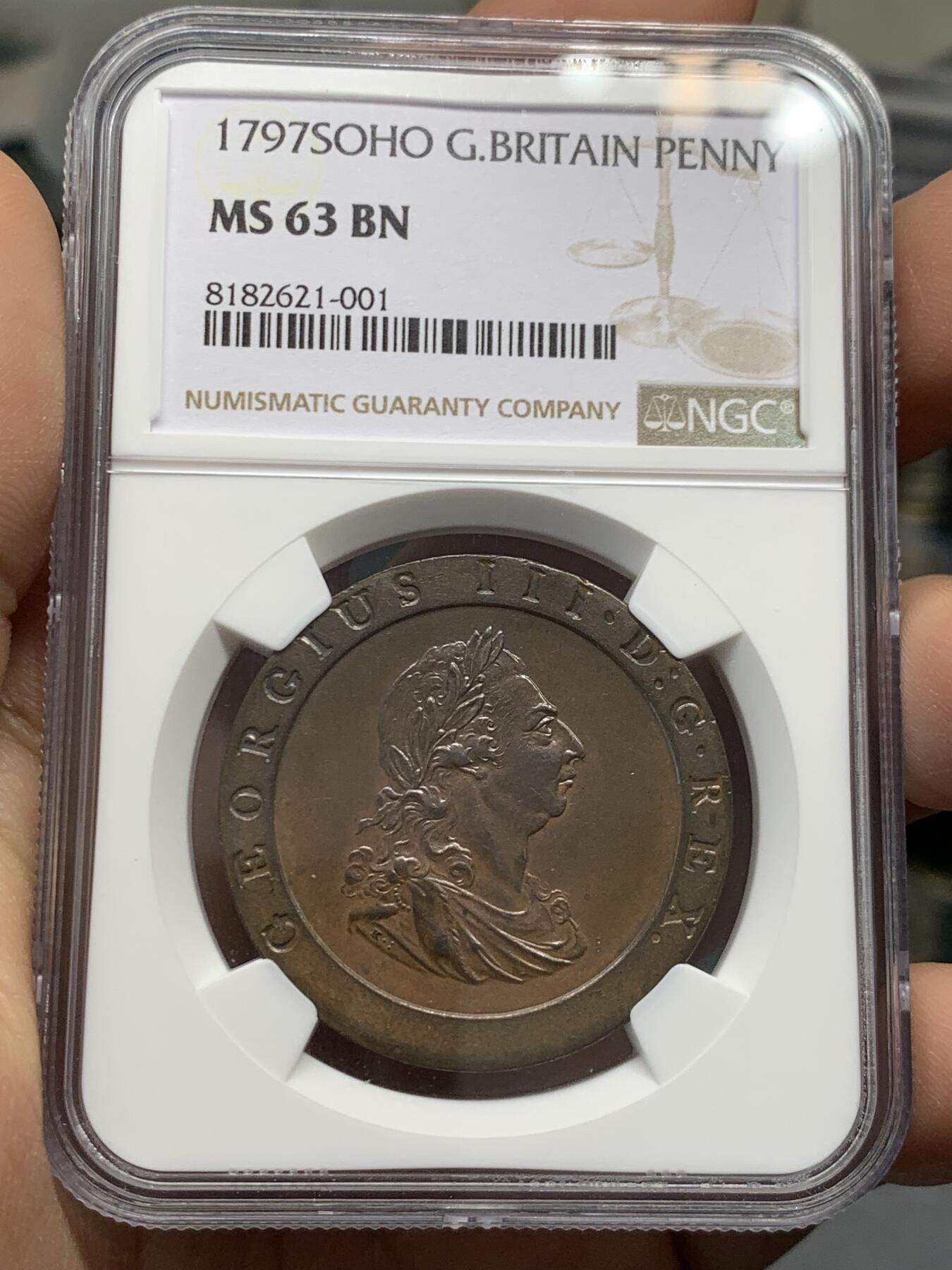 《竞宝斋》第336场 周日，周一 2场连拍 （全场包邮） NGC MS63BN 英国 1797乔三车轮便士 SOHO首次大规模工业化铸币的产品 现代铸币史里程碑 巧克力包浆 细节也好 
