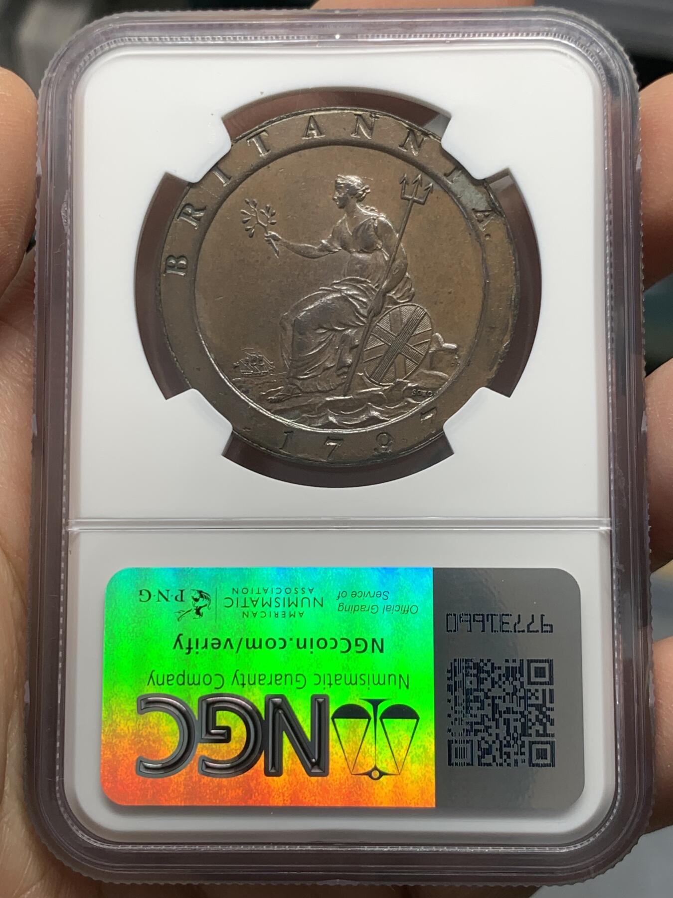 《竞宝斋》第336场 周日，周一 2场连拍 （全场包邮） NGC MS63BN 英国 1797乔三车轮便士 SOHO首次大规模工业化铸币的产品 现代铸币史里程碑 巧克力包浆 细节也好 