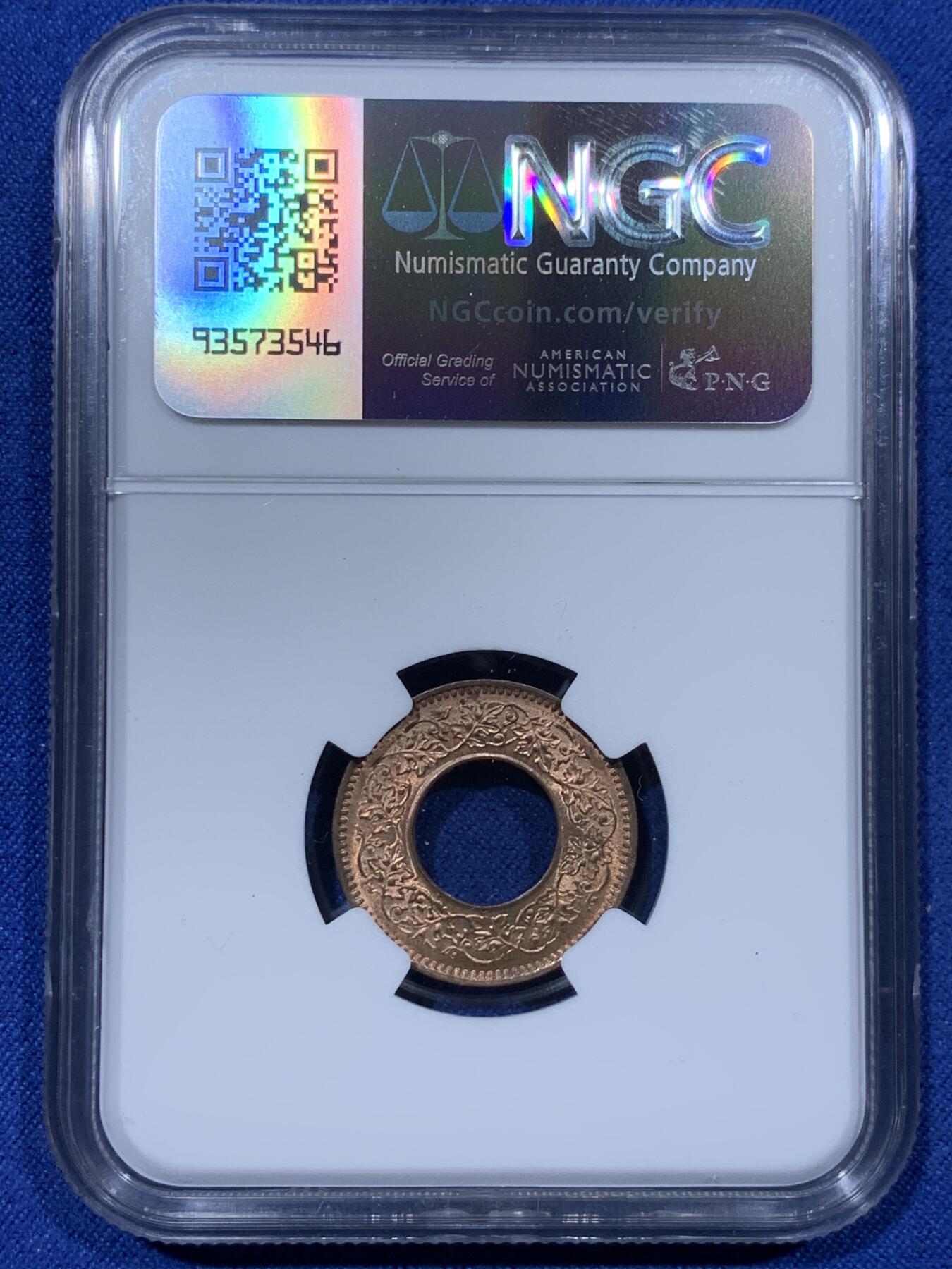 《竞宝斋》第336场 周日，周一 2场连拍 （全场包邮） NGC MS65RB 印度1944高皇冠版1派沙 卷拆转光品相 铜色极美 细节很好 高分不易