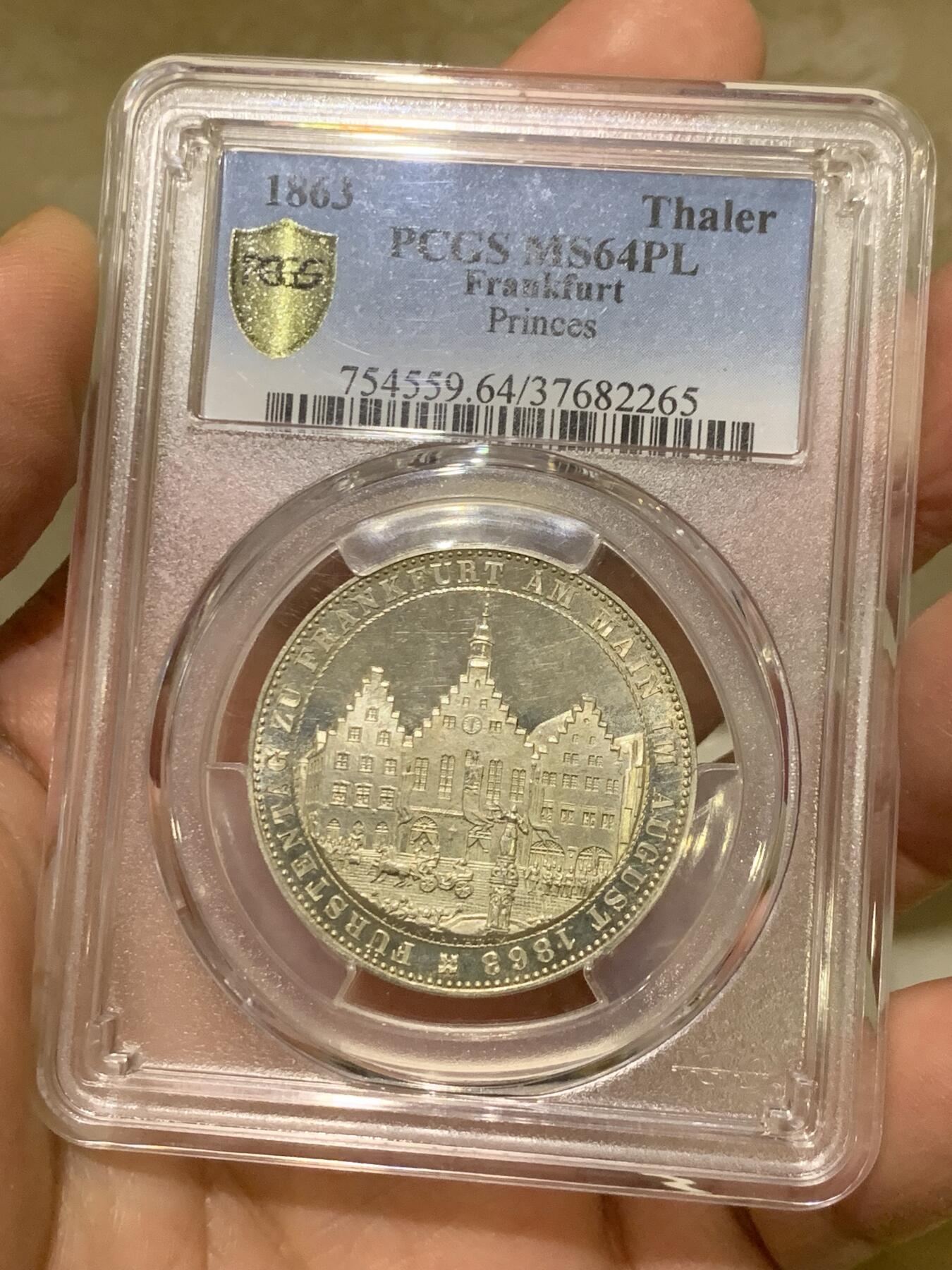 《竞宝斋》第336场 周日，周一 2场连拍 （全场包邮） PCGS MS64PL 德国1863法兰克福王子议会泰勒银币 PL底板状态极好 PCGS冠军分 难得一见