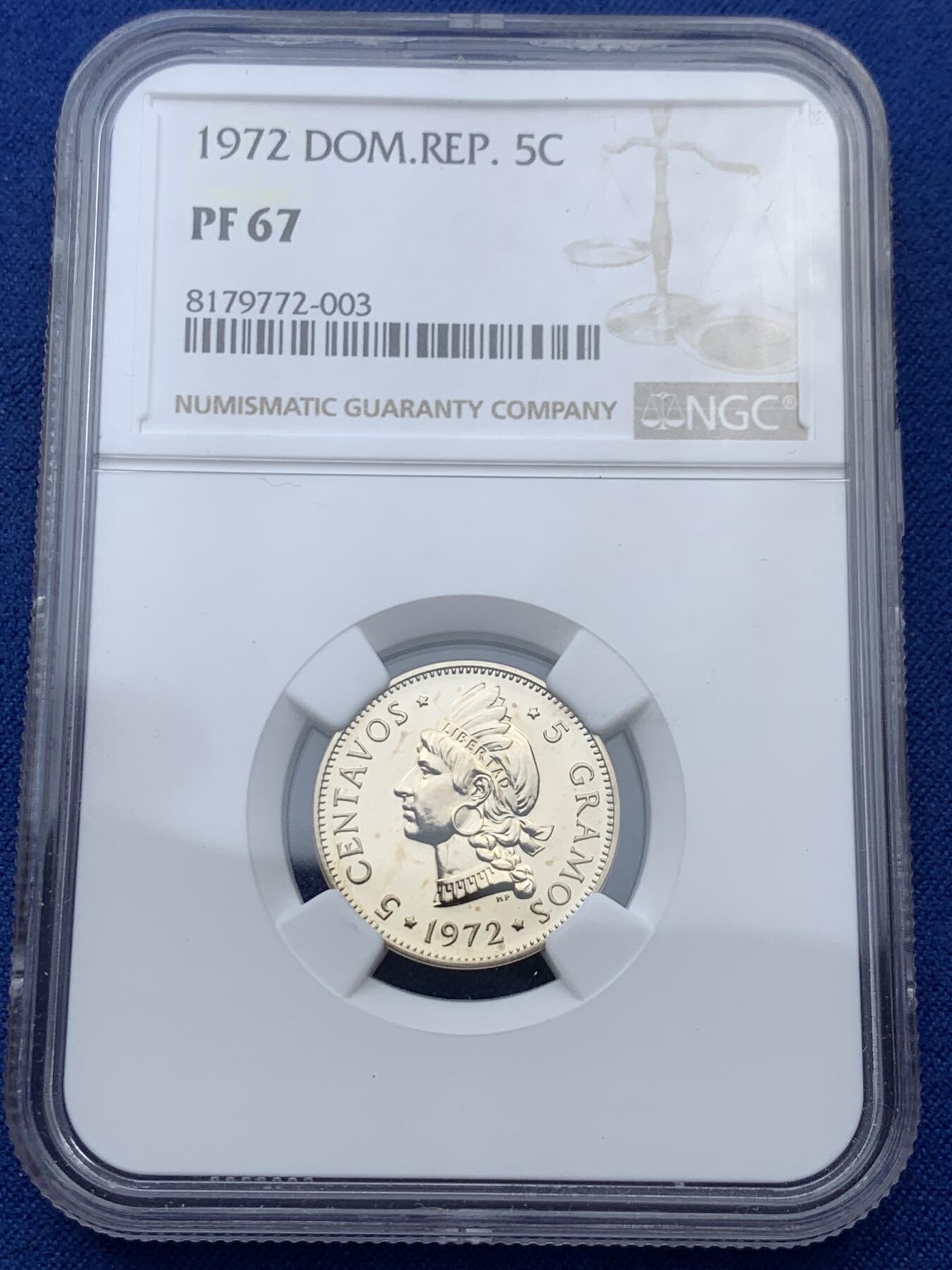 《竞宝斋》第336场 周日，周一 2场连拍 （全场包邮） NGC PF67 多米尼加1972年中美洲女神5分