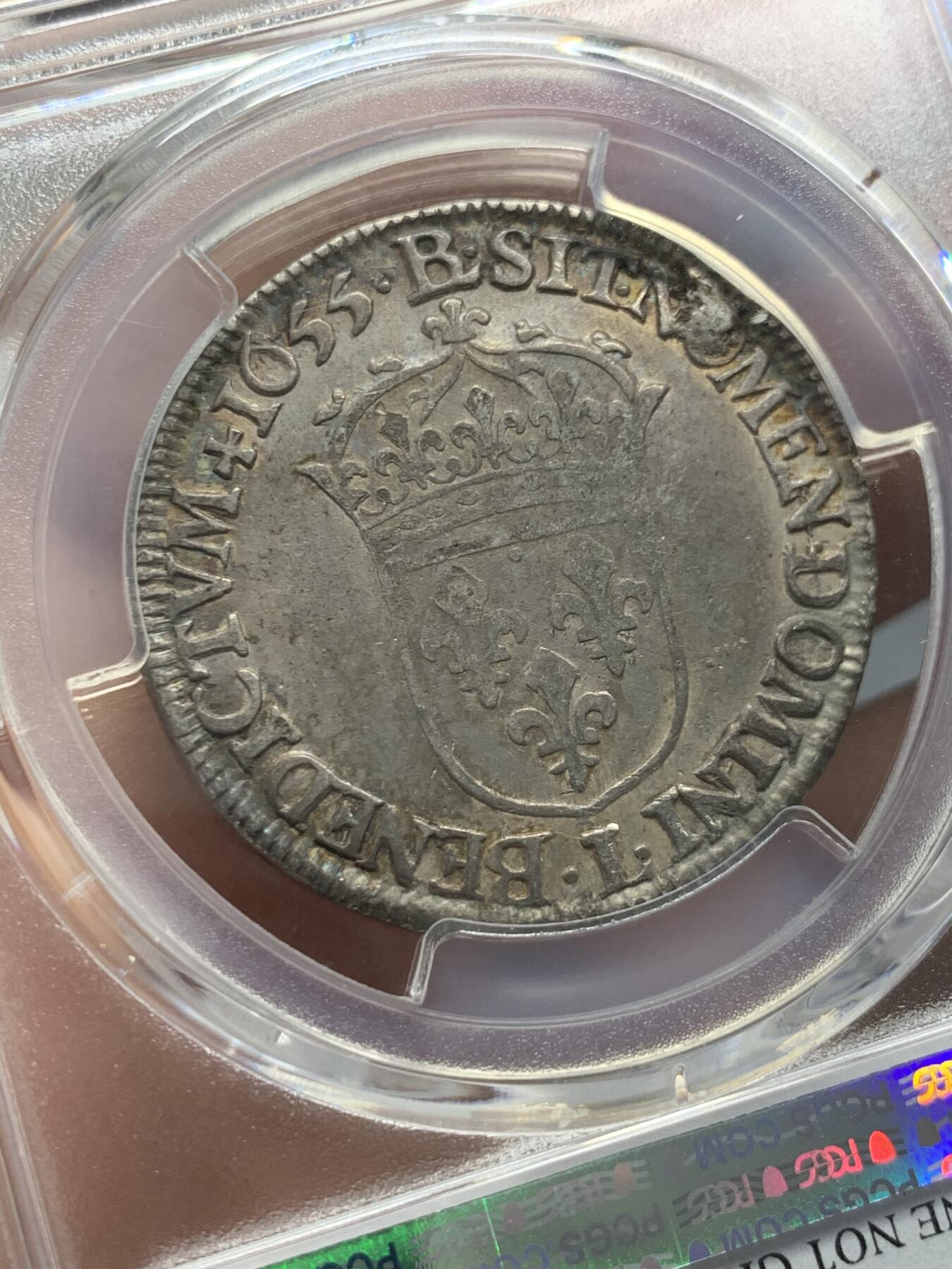 《竞宝斋》第336场 周日，周一 2场连拍 （全场包邮） PCGS XFD 1655年法国1/2埃居银币 路易十四少年头像 L厂铭