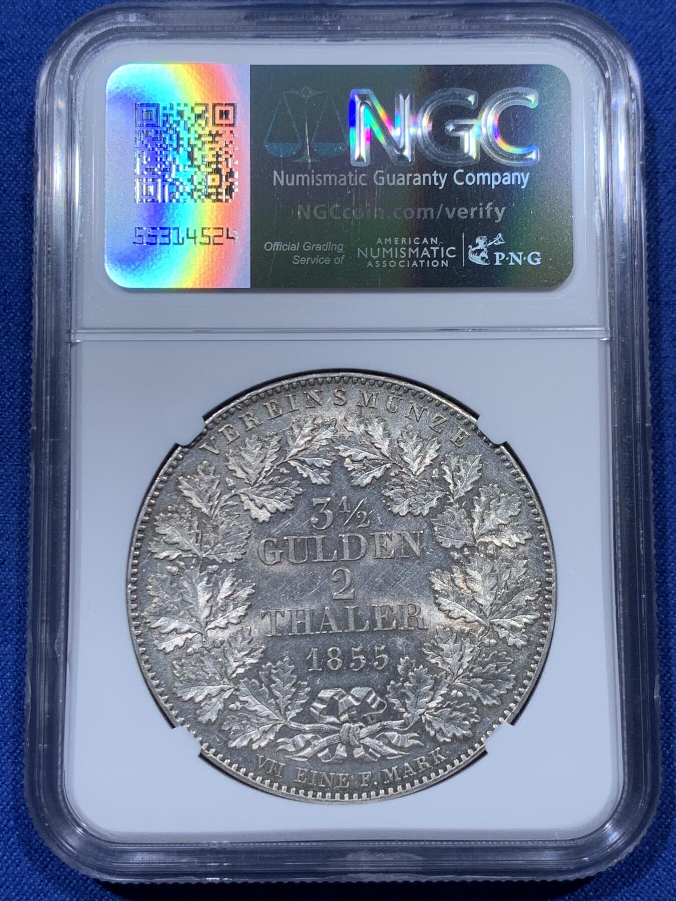 《竞宝斋》第336场 周日，周一 2场连拍 （全场包邮） 亚军分 NGC MS62 德国 1855年 符腾堡橡叶面值版 流通2泰勒 37克的大银币 状态非常好 更高分只有一枚