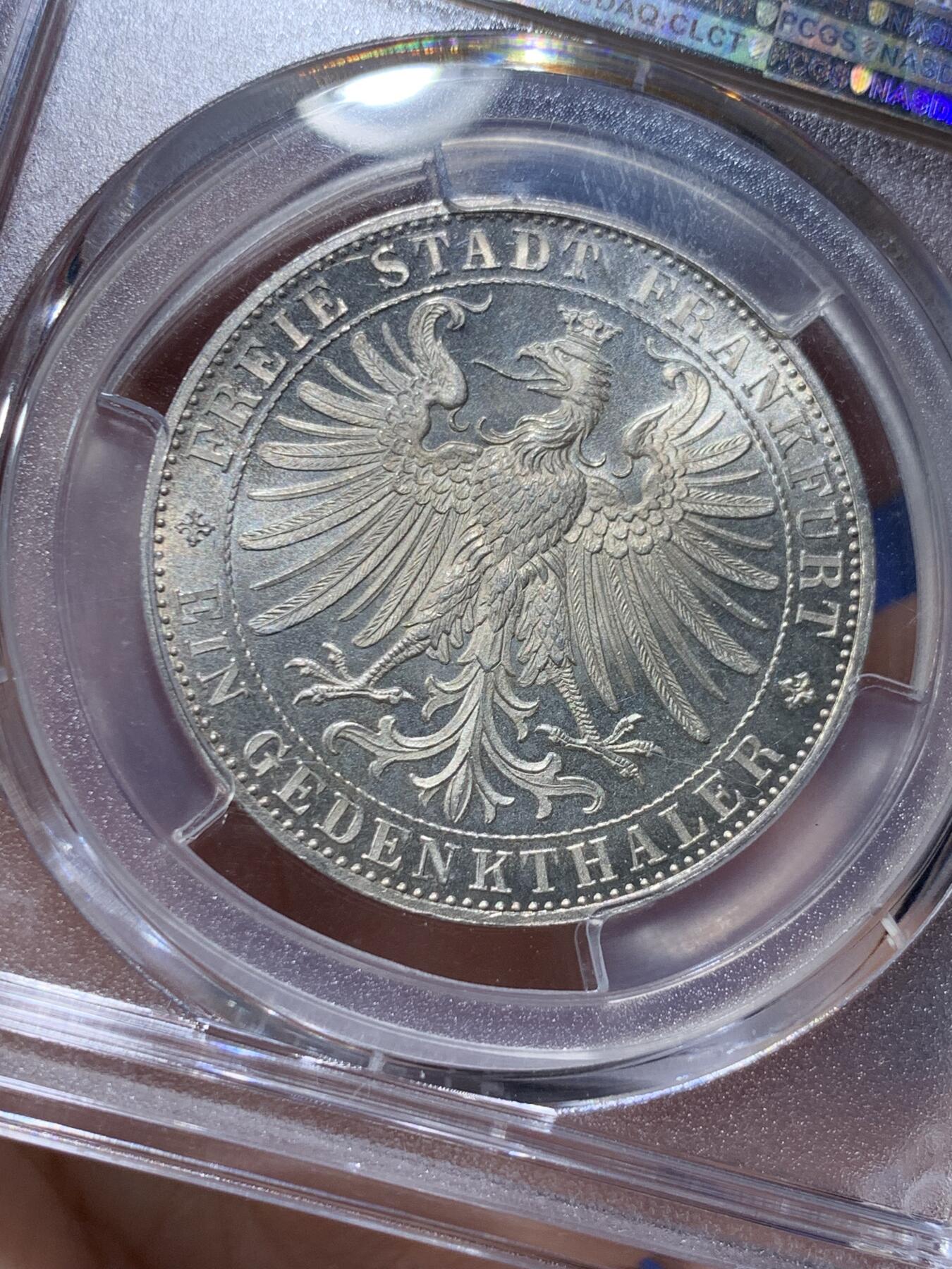 《竞宝斋》第336场 周日，周一 2场连拍 （全场包邮） PCGS MS64PL 德国1863法兰克福王子议会泰勒银币 PL底板状态极好 PCGS冠军分 难得一见