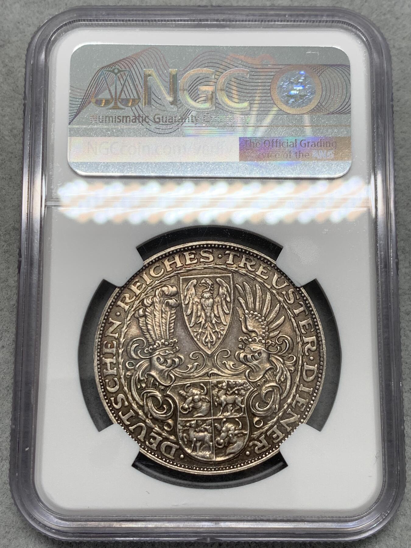 《竞宝斋》第336场 周日，周一 2场连拍 （全场包邮） NGC MS61 德国1927年魏玛兴登堡80周年诞辰5马克币型银章 严评了