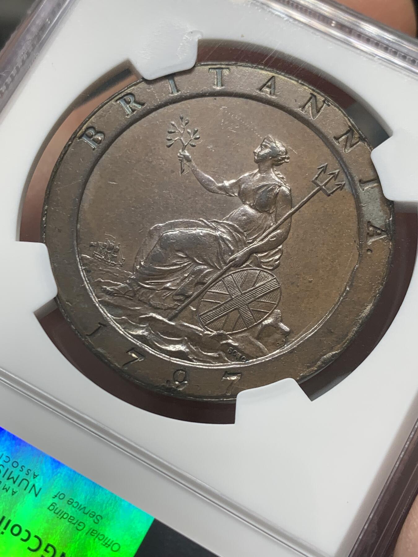 《竞宝斋》第336场 周日，周一 2场连拍 （全场包邮） NGC MS63BN 英国 1797乔三车轮便士 SOHO首次大规模工业化铸币的产品 现代铸币史里程碑 巧克力包浆 细节也好 