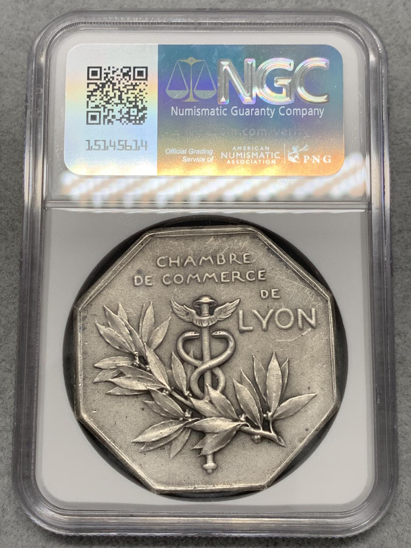 《竞宝斋》第336场 周日，周一 2场连拍 （全场包邮） NGC UNC 法国罗蒂纺织天使八角银质代币 大规格42mm