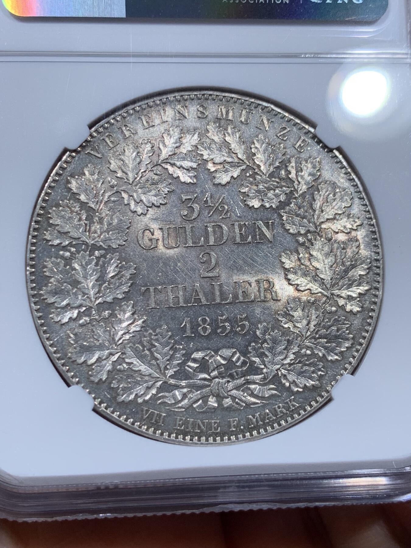 《竞宝斋》第336场 周日，周一 2场连拍 （全场包邮） 亚军分 NGC MS62 德国 1855年 符腾堡橡叶面值版 流通2泰勒 37克的大银币 状态非常好 更高分只有一枚