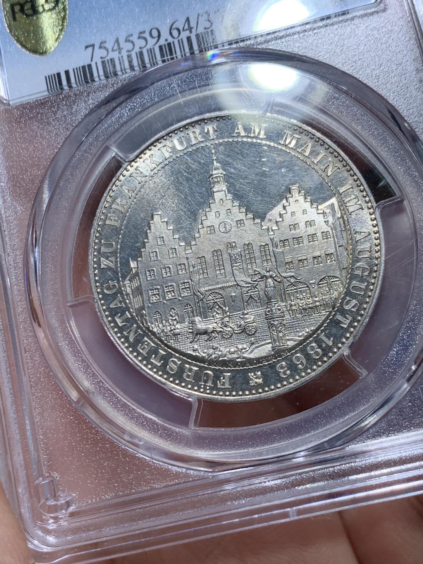 《竞宝斋》第336场 周日，周一 2场连拍 （全场包邮） PCGS MS64PL 德国1863法兰克福王子议会泰勒银币 PL底板状态极好 PCGS冠军分 难得一见