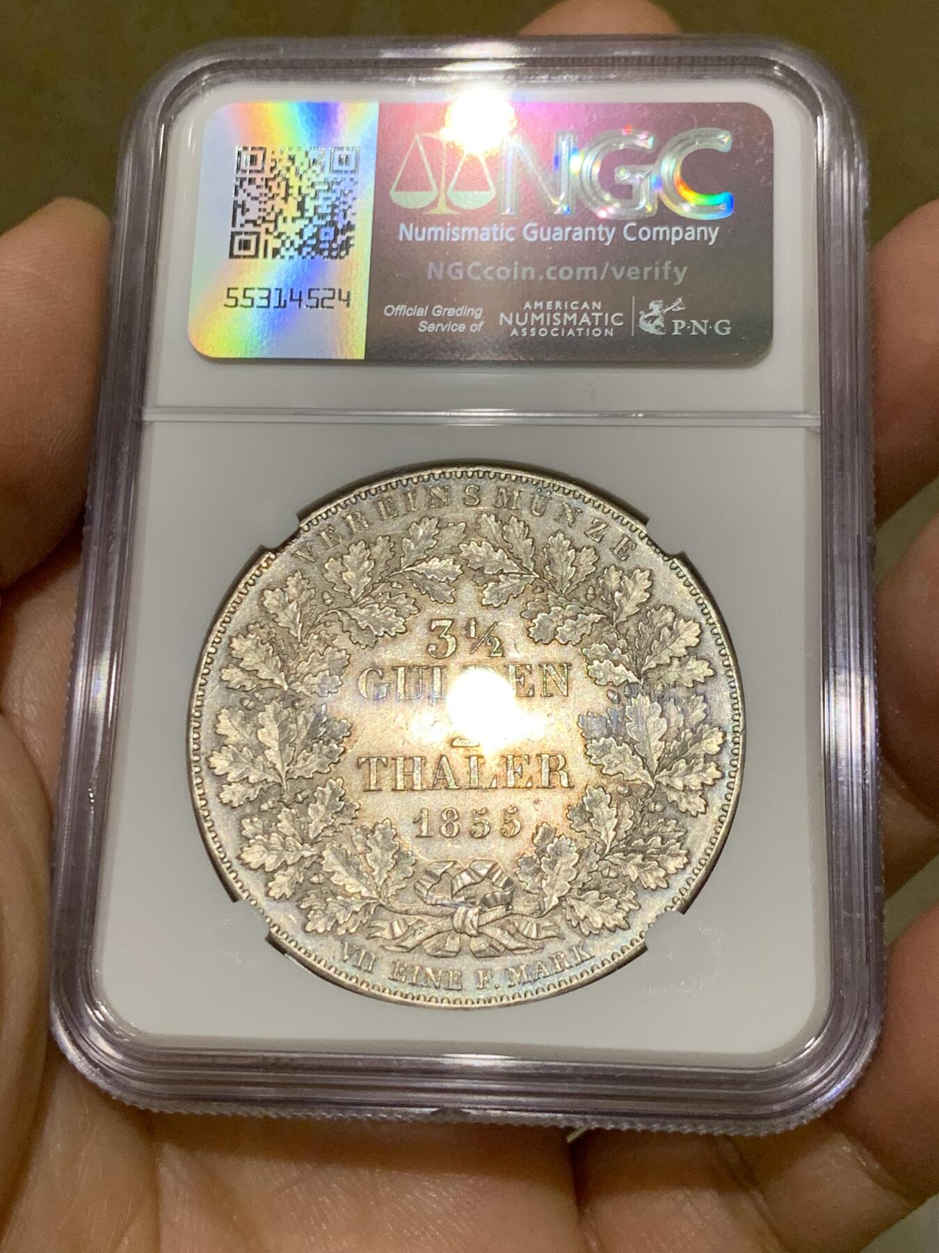 《竞宝斋》第336场 周日，周一 2场连拍 （全场包邮） 亚军分 NGC MS62 德国 1855年 符腾堡橡叶面值版 流通2泰勒 37克的大银币 状态非常好 更高分只有一枚