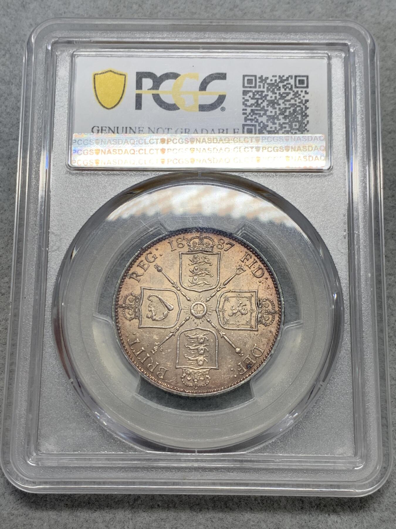 《竞宝斋》第336场 周日，周一 2场连拍 （全场包邮） PCGS AUD 英国1887维多利亚高冠弗洛林 两先令银币，酒红色硫化包浆，带底光，品质好