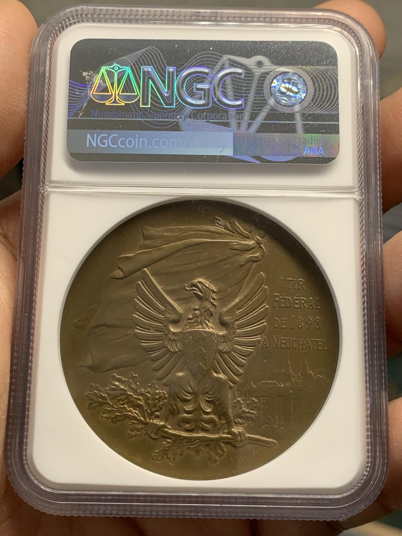 《竞宝斋》第336场 周日，周一 2场连拍 （全场包邮） NGC MS64BN 瑞士1898纳沙泰尔射击节铜章 加厚盒 45mm直径
