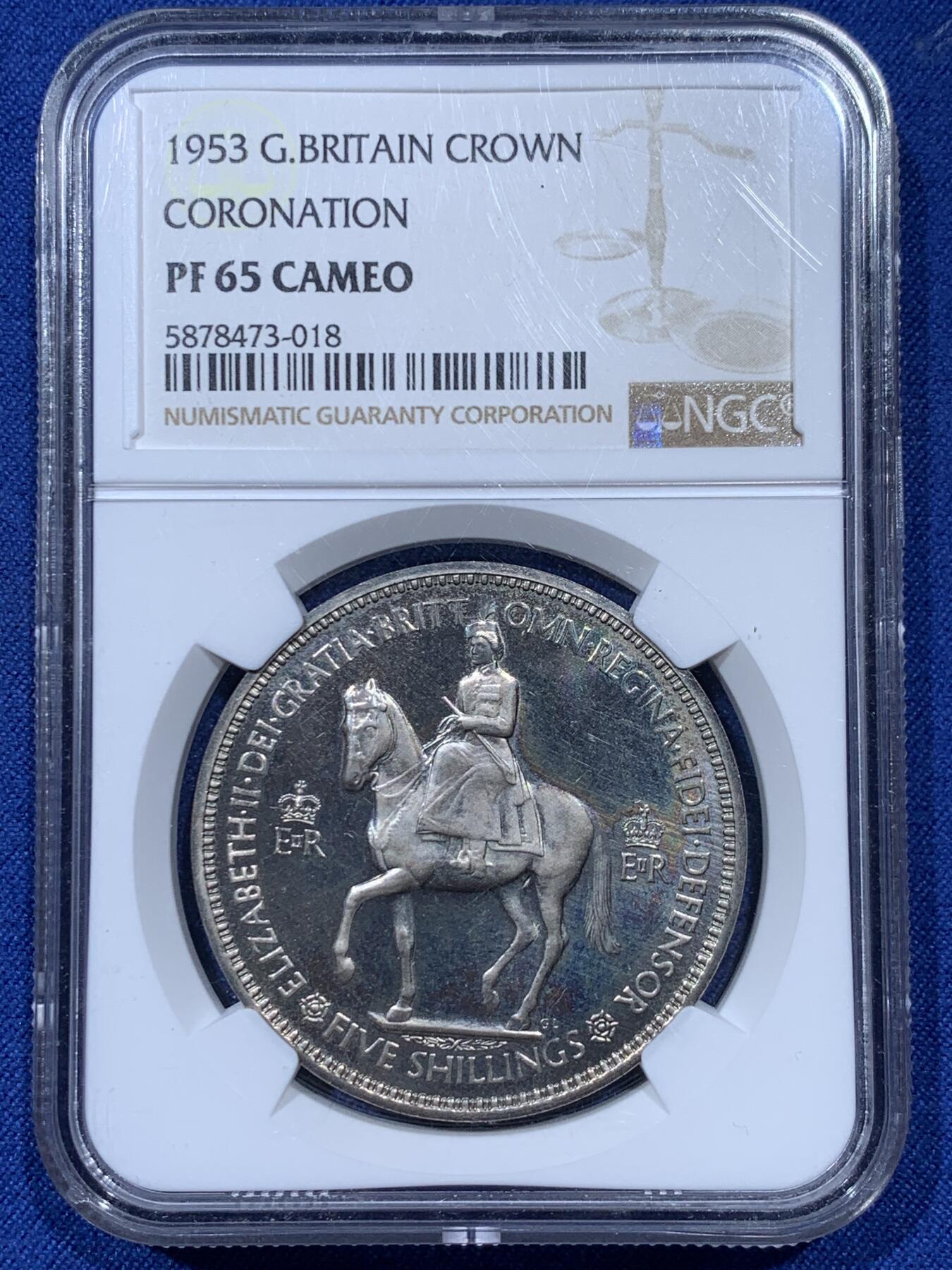 《竞宝斋》第336场 周日，周一 2场连拍 （全场包邮） NGC PF65CAMEO 英国1953年女王登基精制1克朗
