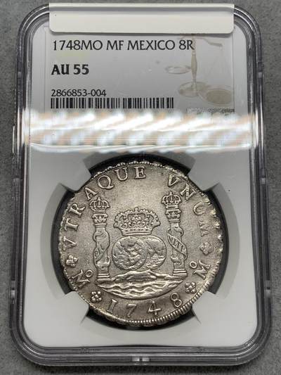 《竞宝斋》第336场 周日，周一 2场连拍 （全场包邮） - NGC AU55 墨西哥1748斐迪南六世地球双柱8R大银币，早期地球，少见年份，不是窖藏年可比。打制优良，中心深打，地球细节清晰。性价比高的一颗，不容错过