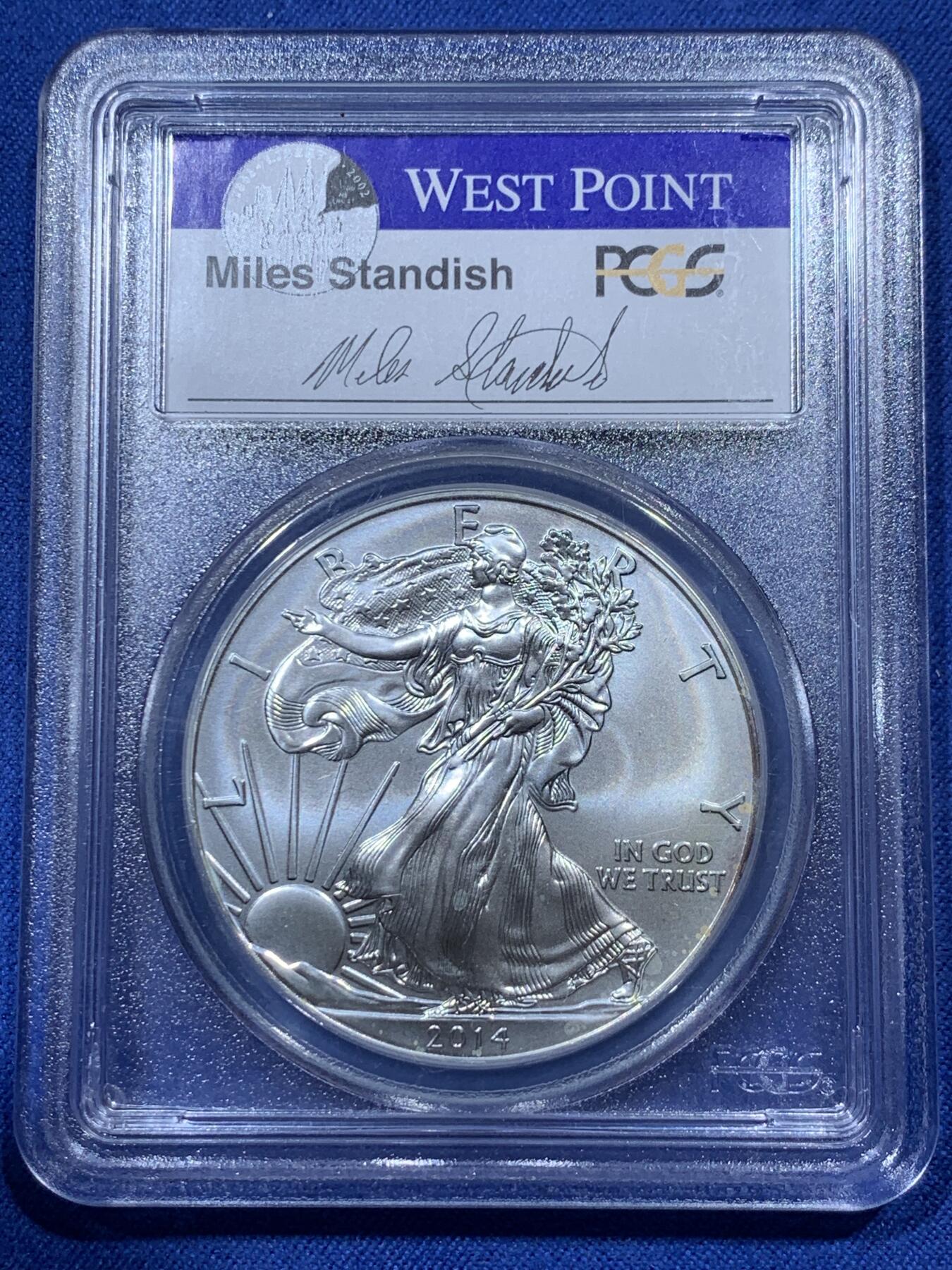 《竞宝斋》第336场 周日，周一 2场连拍 （全场包邮） PCGS MS70 美国2014年自由女神银币，西点军校纪念版，满分70分，特标签字版，签字“迈尔斯·斯坦迪什”。