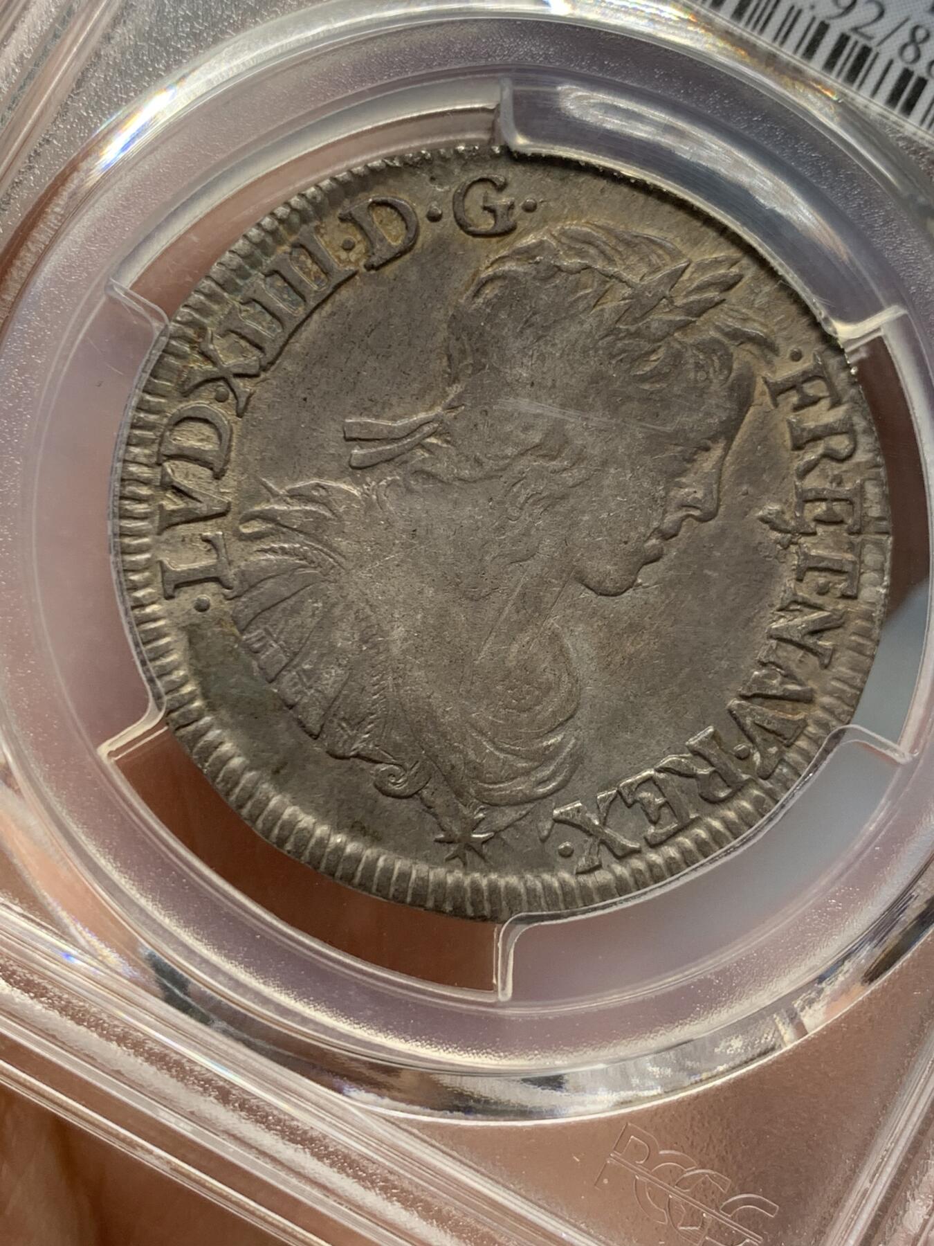 《竞宝斋》第336场 周日，周一 2场连拍 （全场包邮） PCGS XFD 1655年法国1/2埃居银币 路易十四少年头像 L厂铭